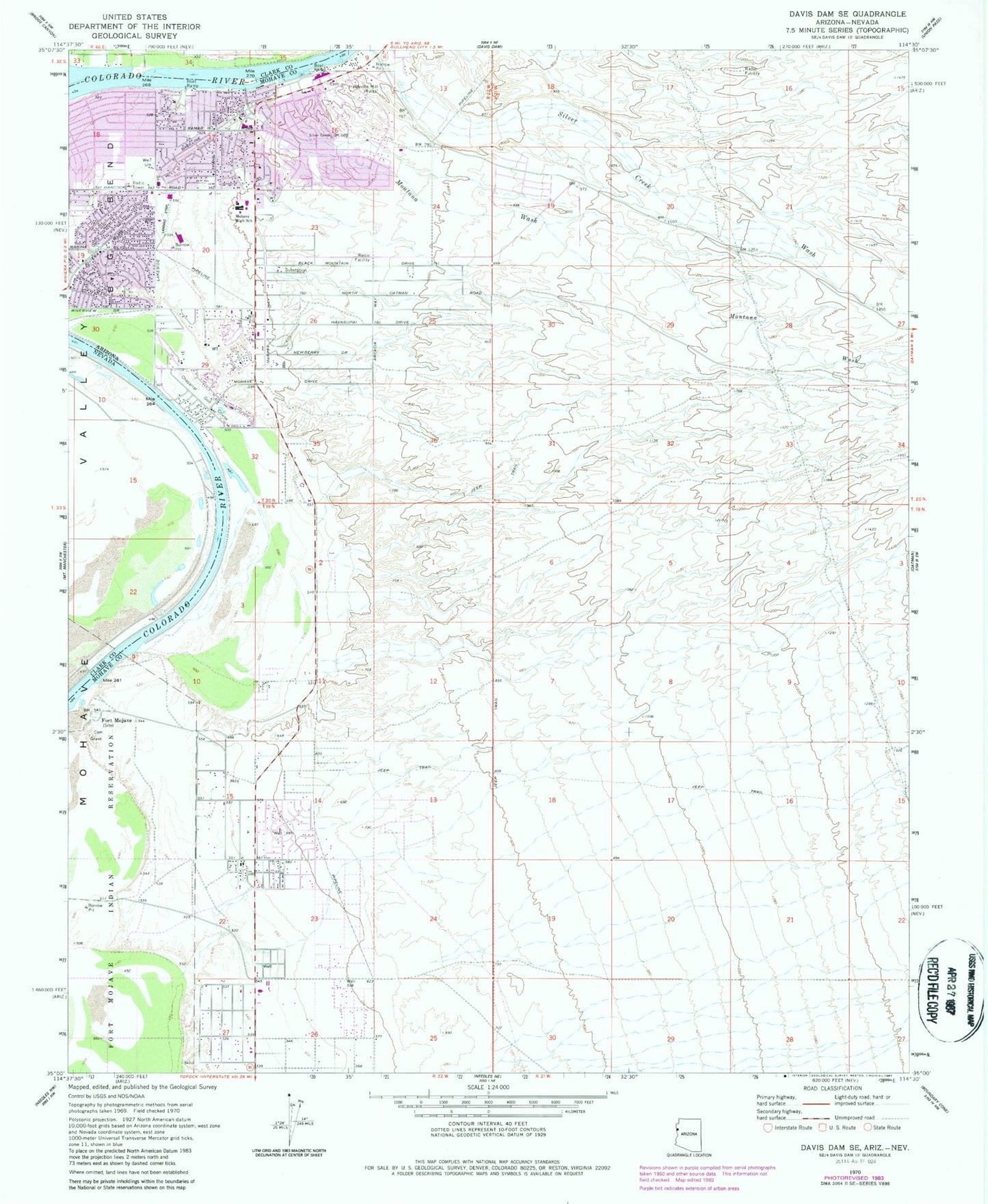 Classic USGS Davis Dam SE Arizona 7.5'x7.5' Topo Map Image