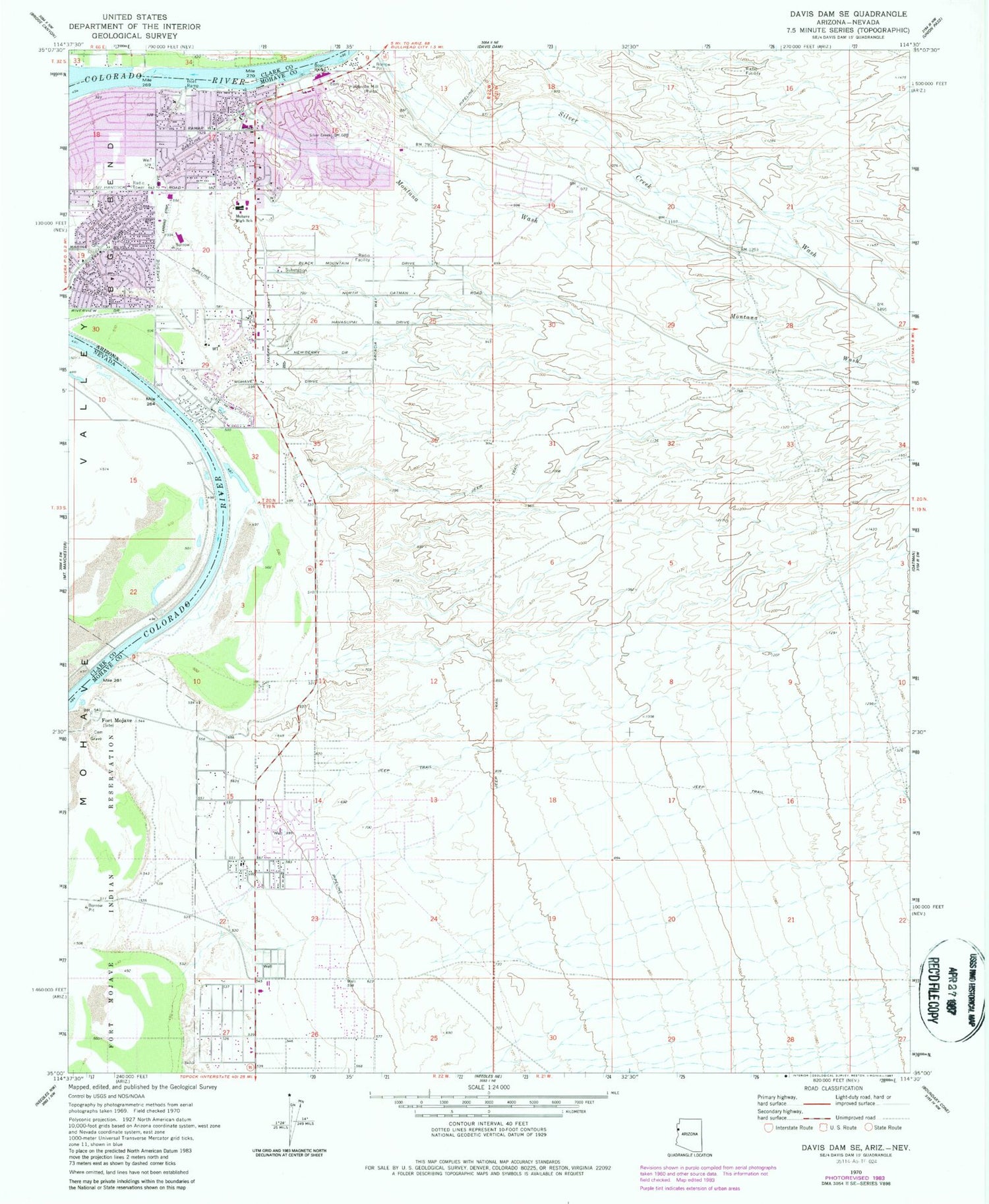 Classic USGS Davis Dam SE Arizona 7.5'x7.5' Topo Map Image