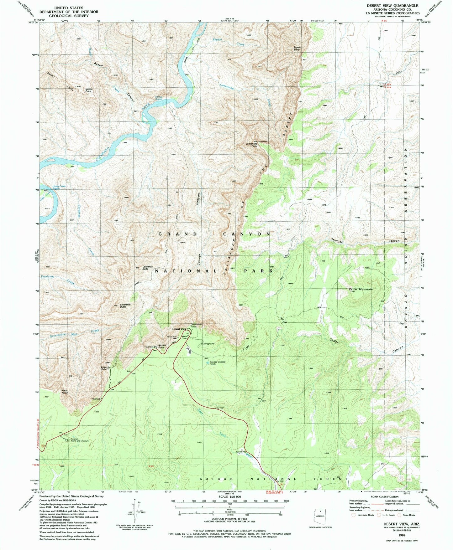 Classic USGS Desert View Arizona 7.5'x7.5' Topo Map Image
