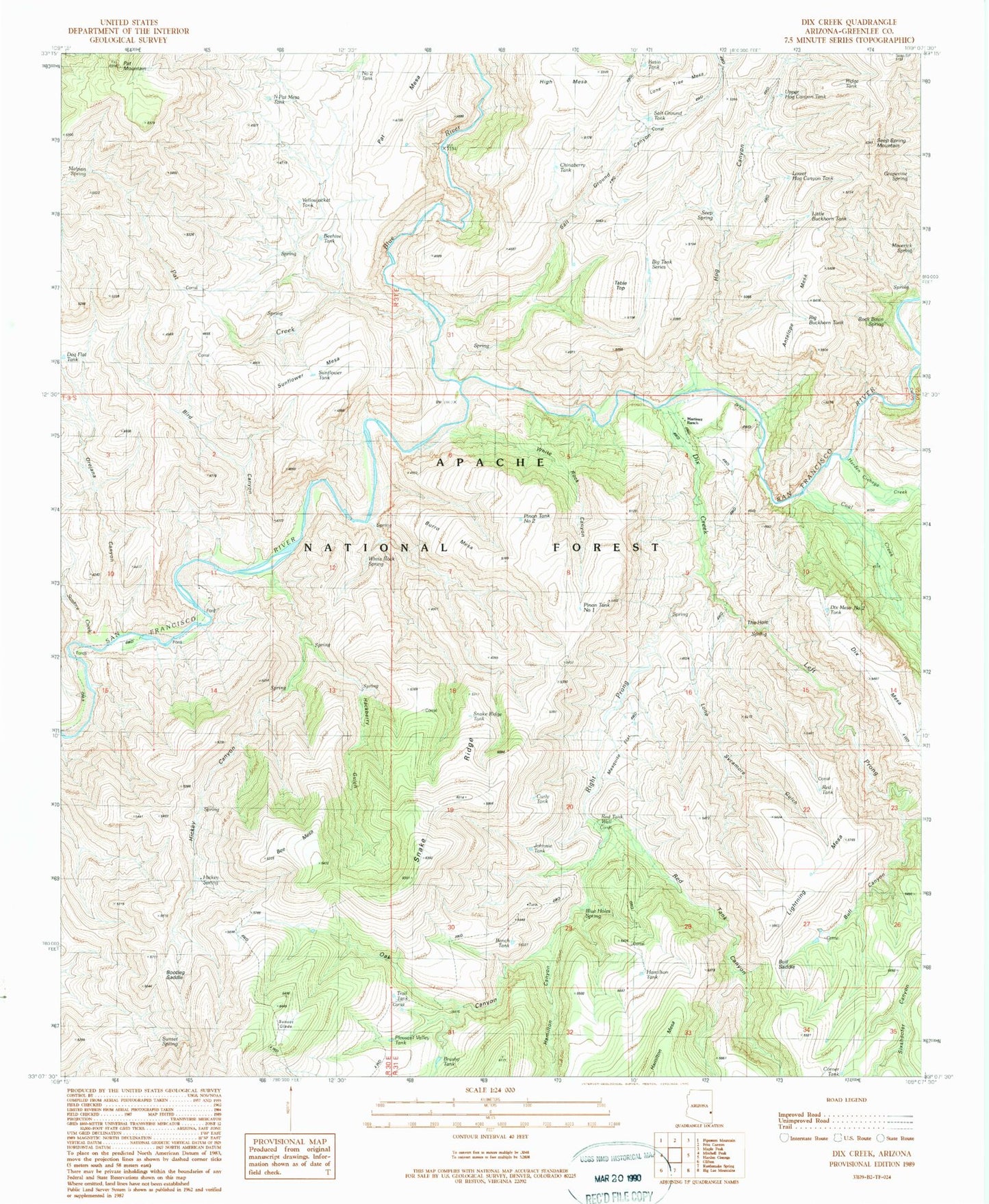 Classic USGS Dix Creek Arizona 7.5'x7.5' Topo Map Image