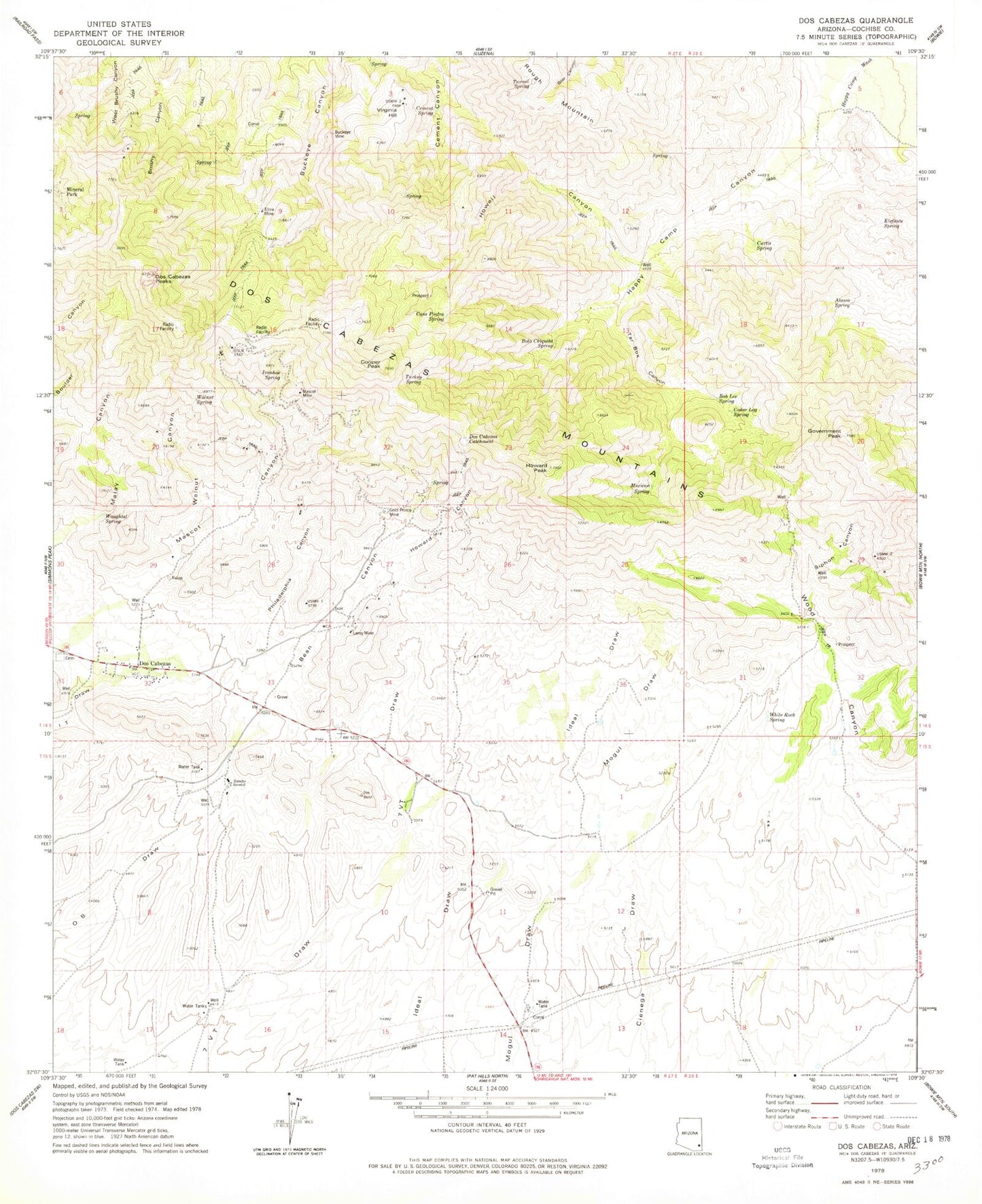 Classic USGS Dos Cabezas Arizona 7.5'x7.5' Topo Map Image