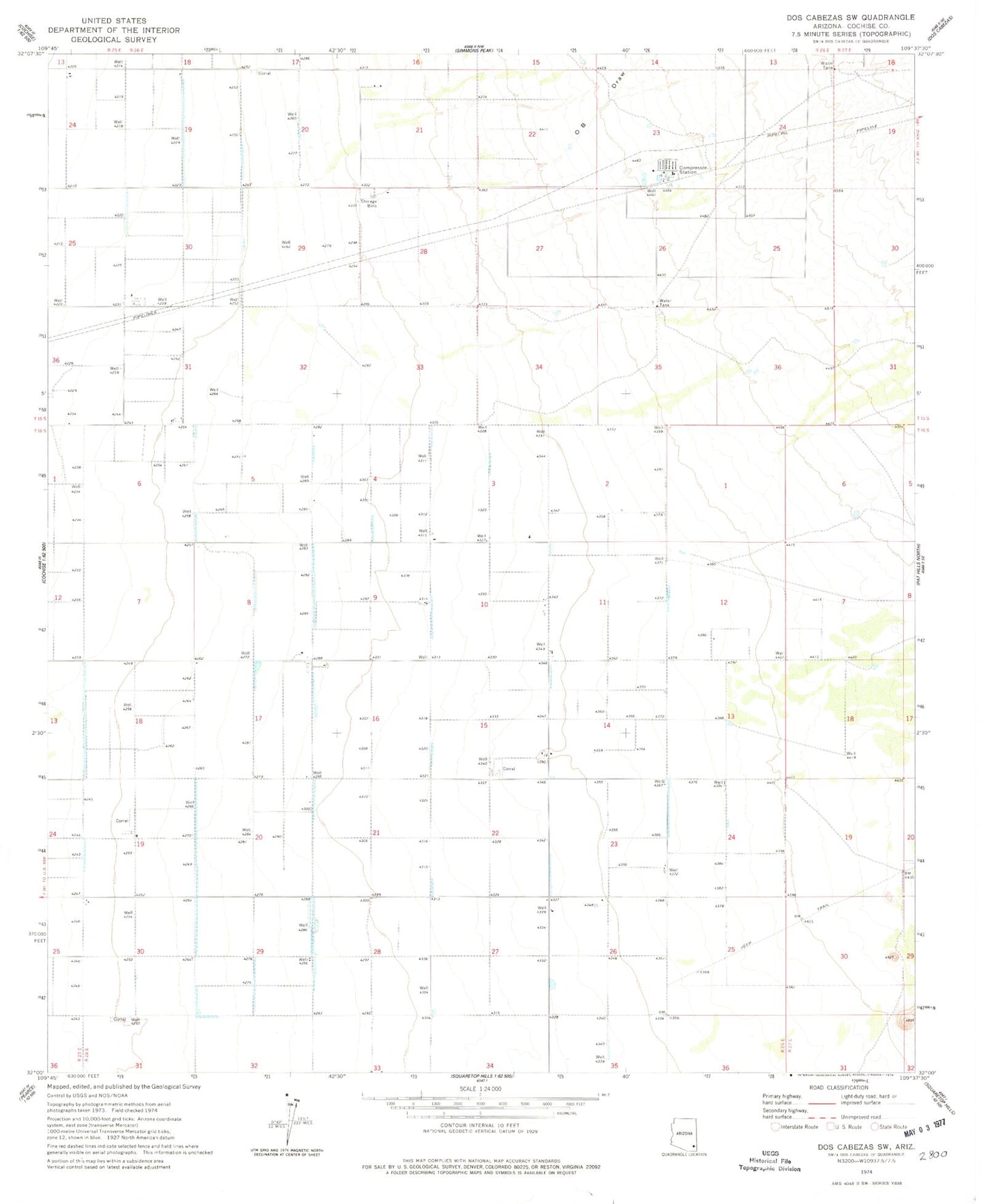 Classic USGS Dos Cabezas SW Arizona 7.5'x7.5' Topo Map Image