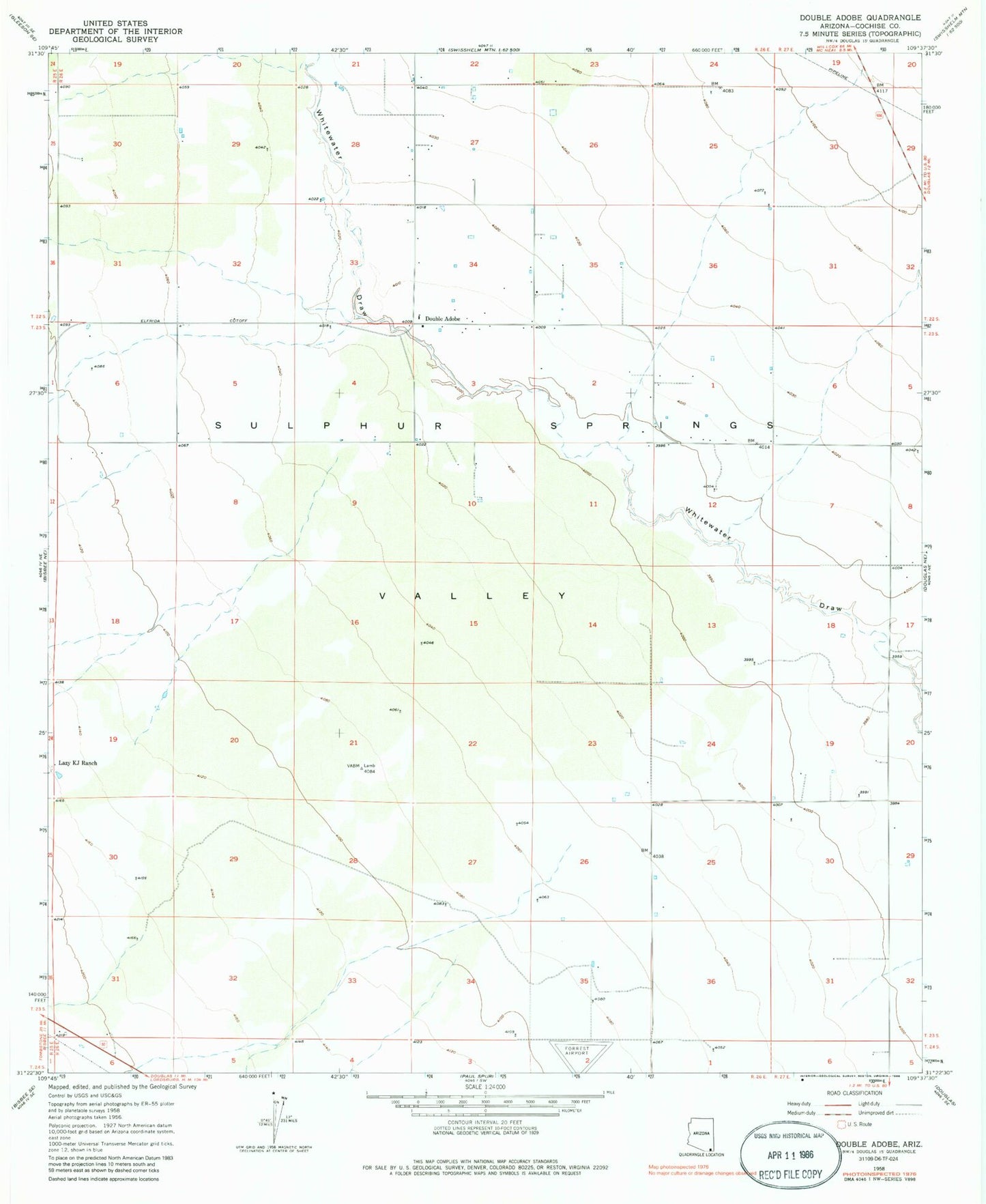 Classic USGS Double Adobe Arizona 7.5'x7.5' Topo Map Image