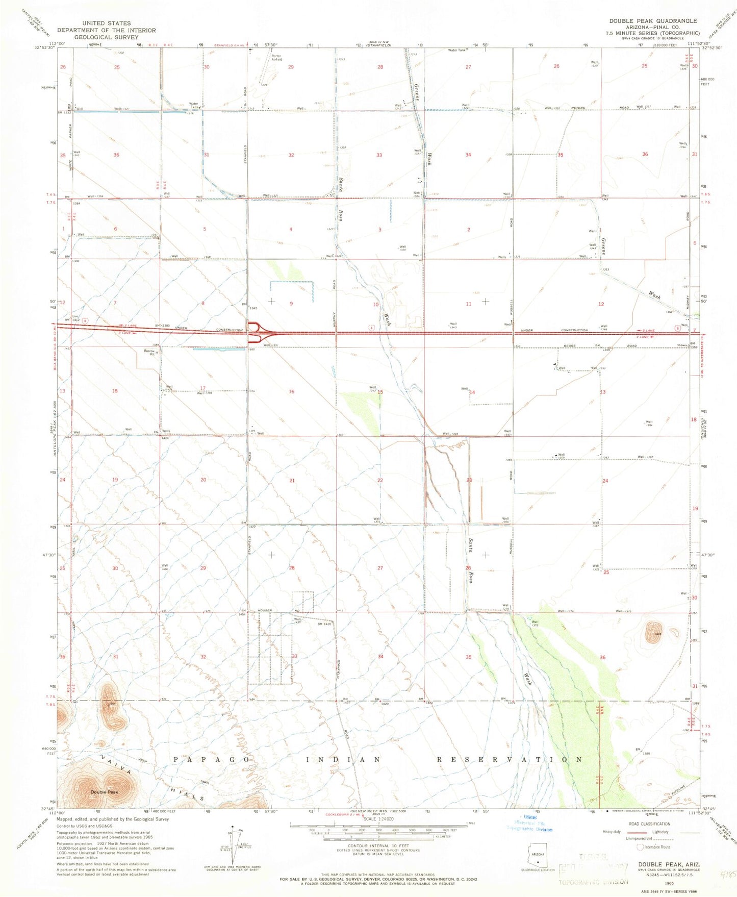 Classic USGS Double Peak Arizona 7.5'x7.5' Topo Map Image
