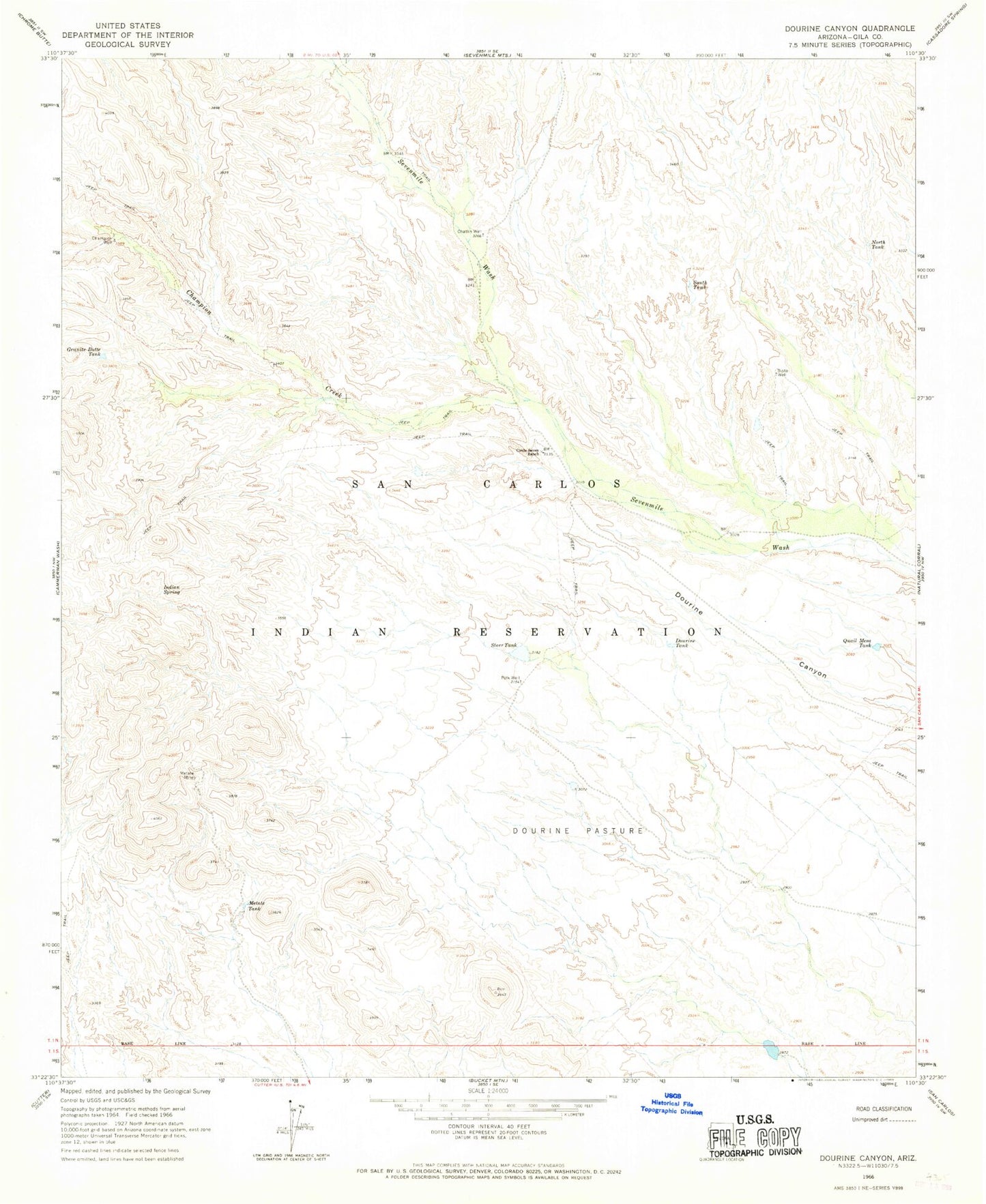 Classic USGS Dourine Canyon Arizona 7.5'x7.5' Topo Map Image