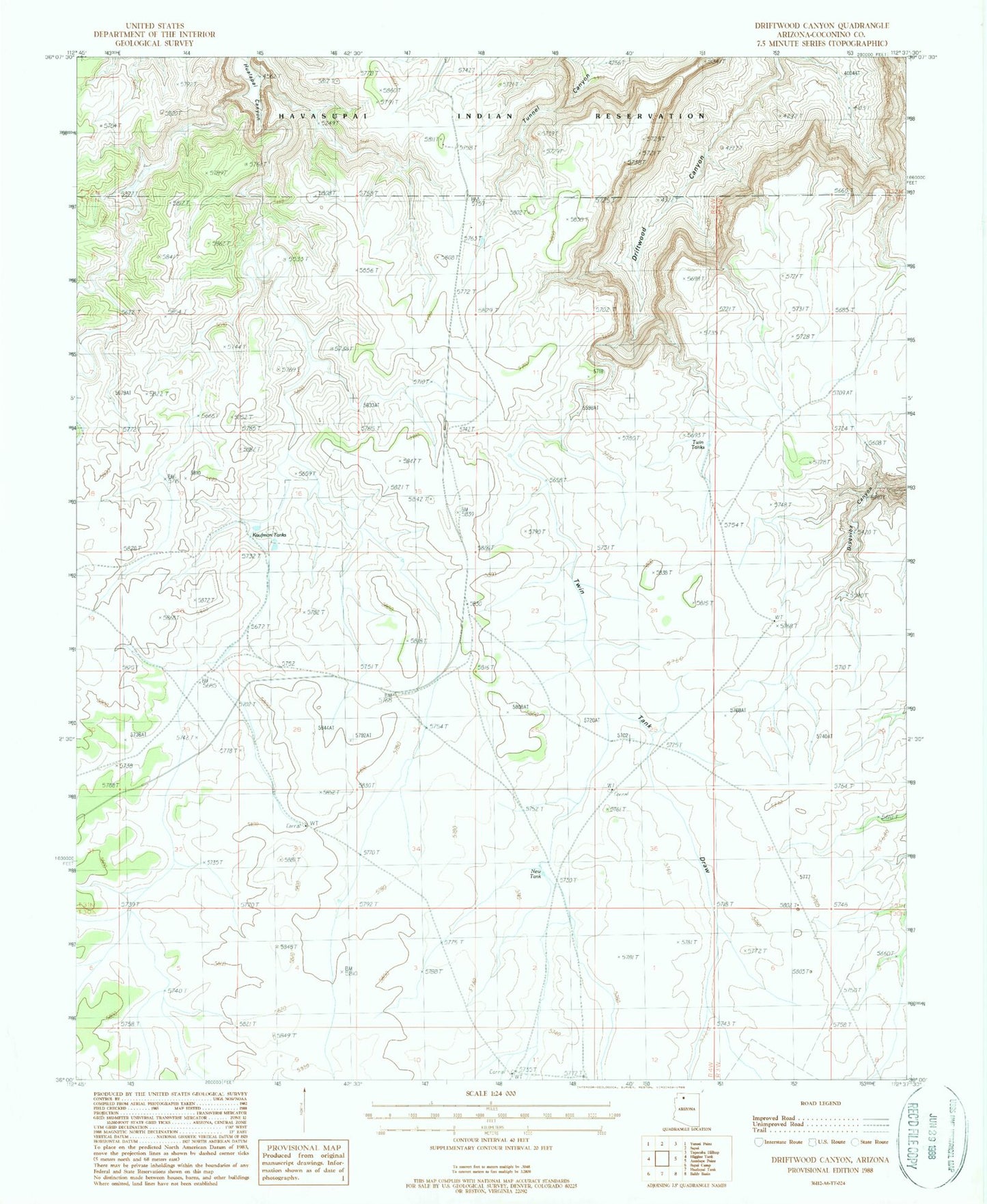 Classic USGS Driftwood Canyon Arizona 7.5'x7.5' Topo Map Image