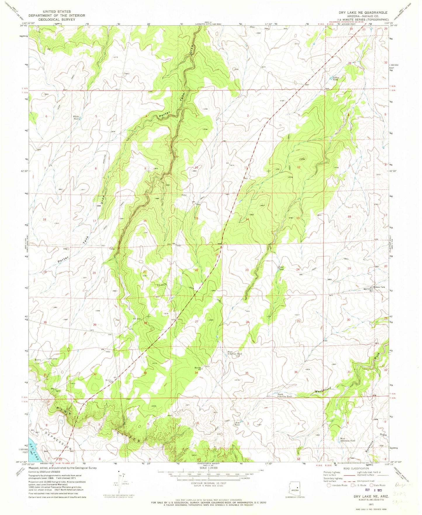 Classic USGS Dry Lake NE Arizona 7.5'x7.5' Topo Map Image