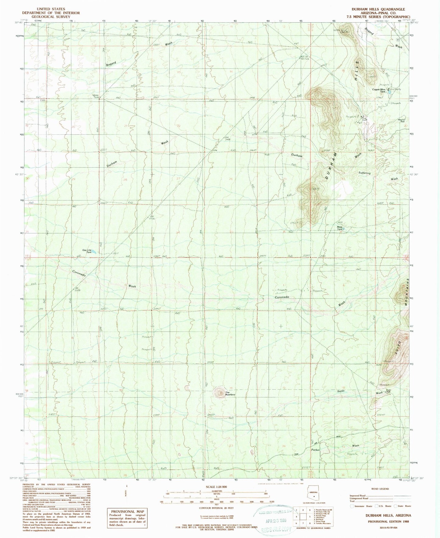 Classic USGS Durham Hills Arizona 7.5'x7.5' Topo Map Image