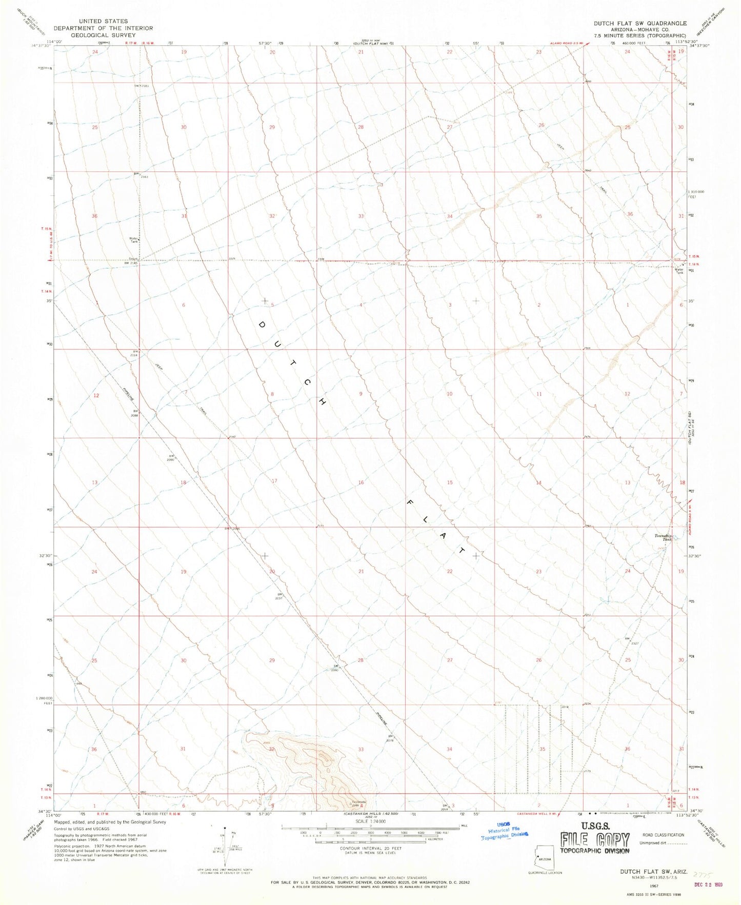 Classic USGS Dutch Flat SW Arizona 7.5'x7.5' Topo Map Image