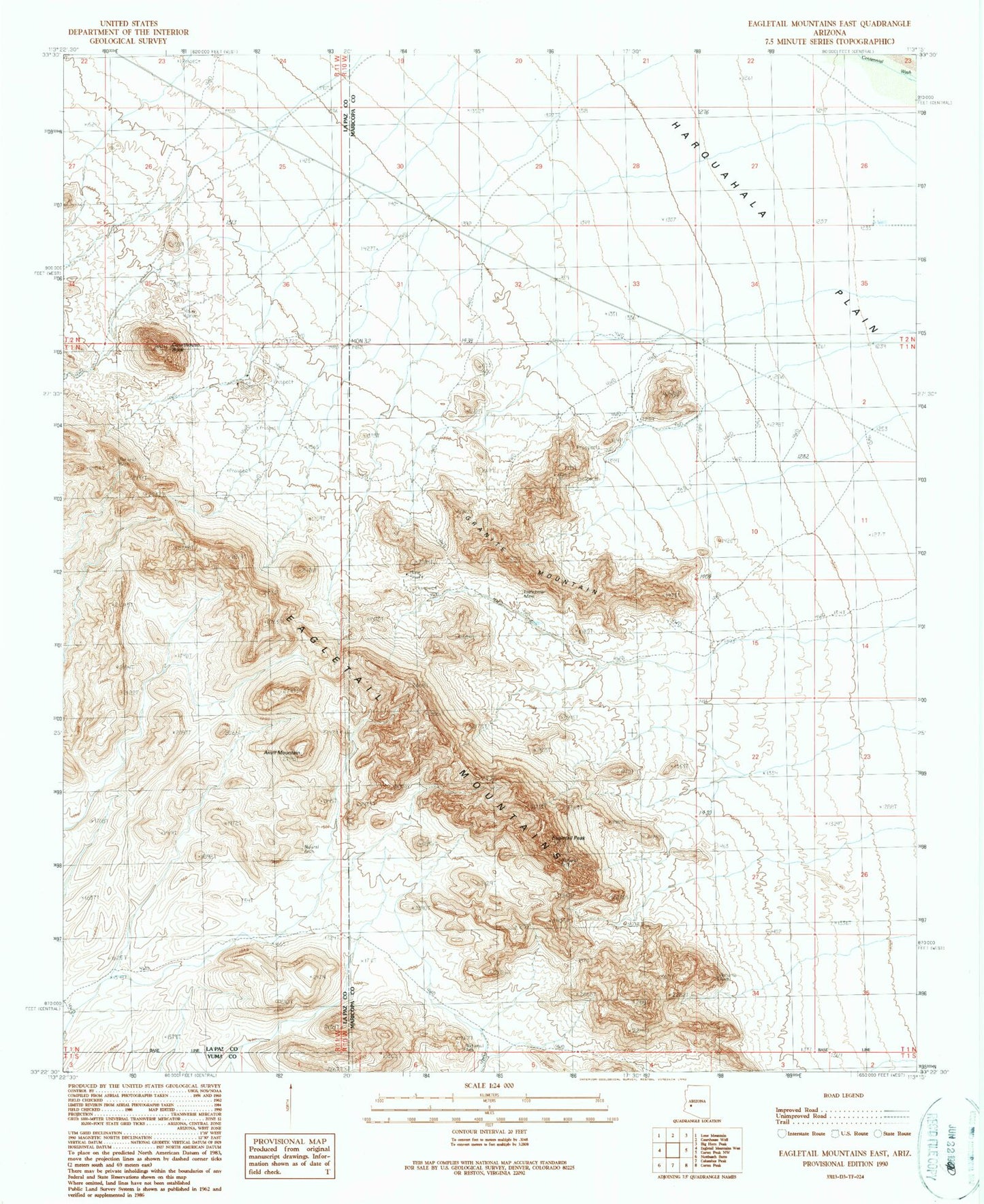 Classic USGS Eagletail Mountains East Arizona 7.5'x7.5' Topo Map Image