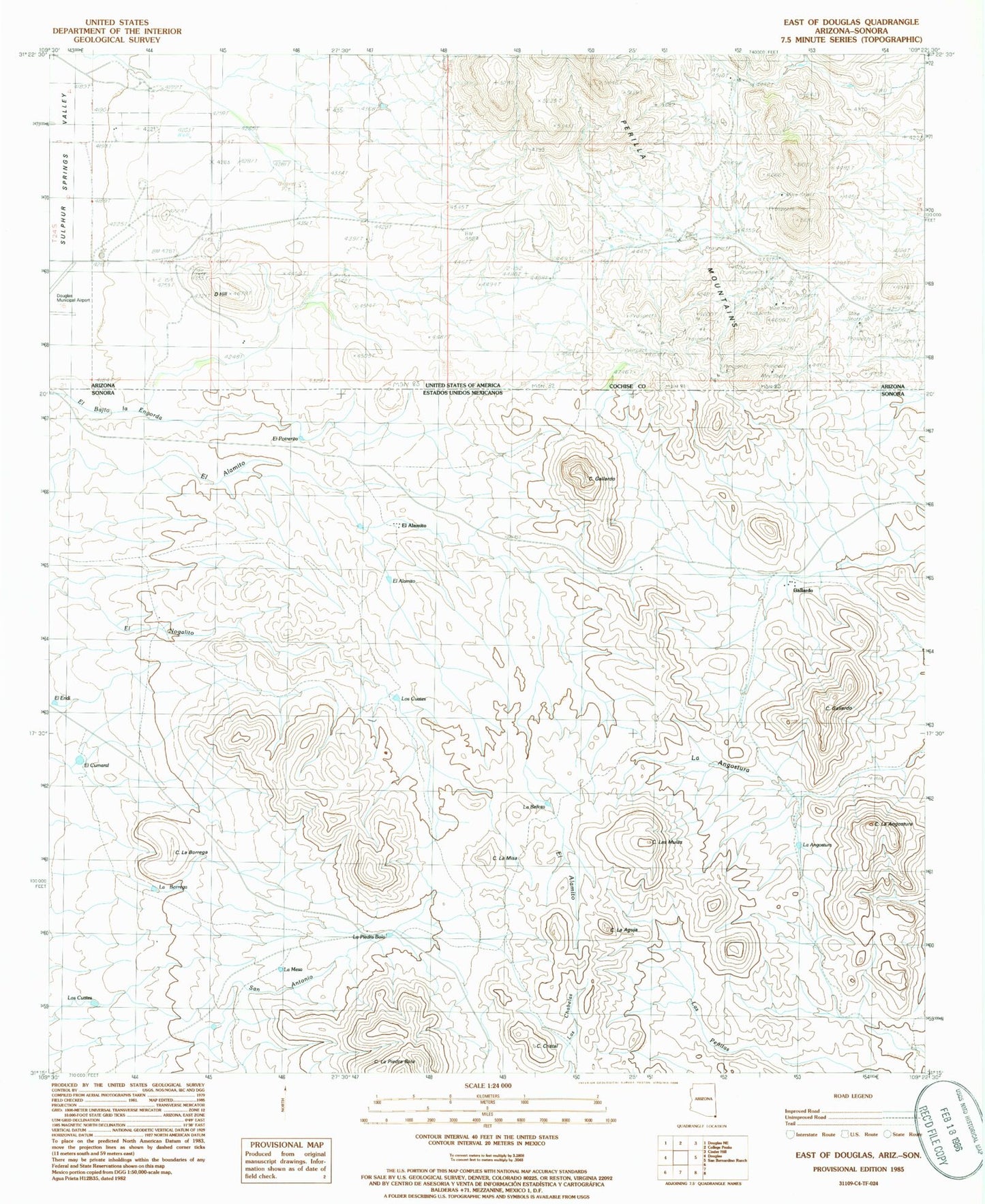 Classic USGS East of Douglas Arizona 7.5'x7.5' Topo Map Image