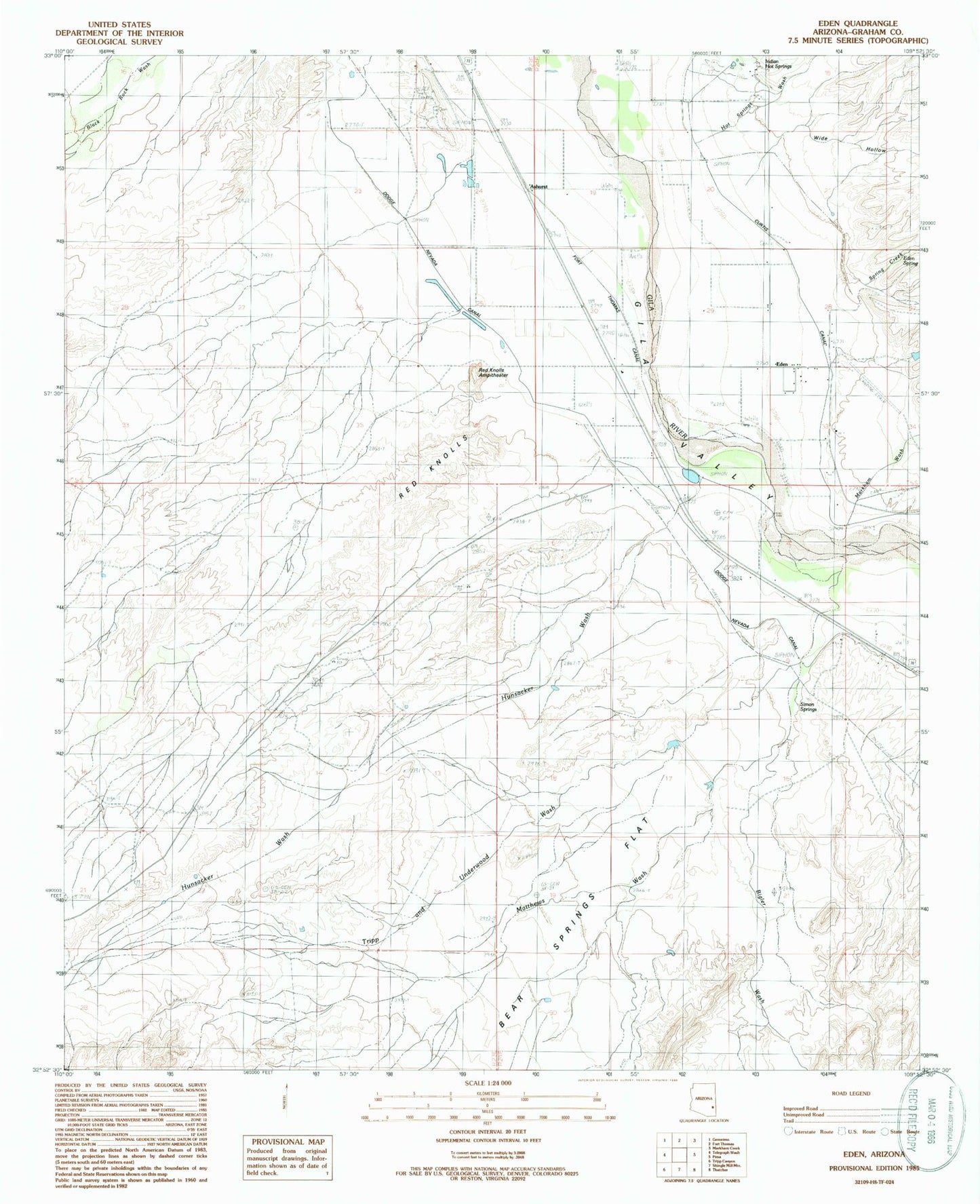 Classic USGS Eden Arizona 7.5'x7.5' Topo Map Image