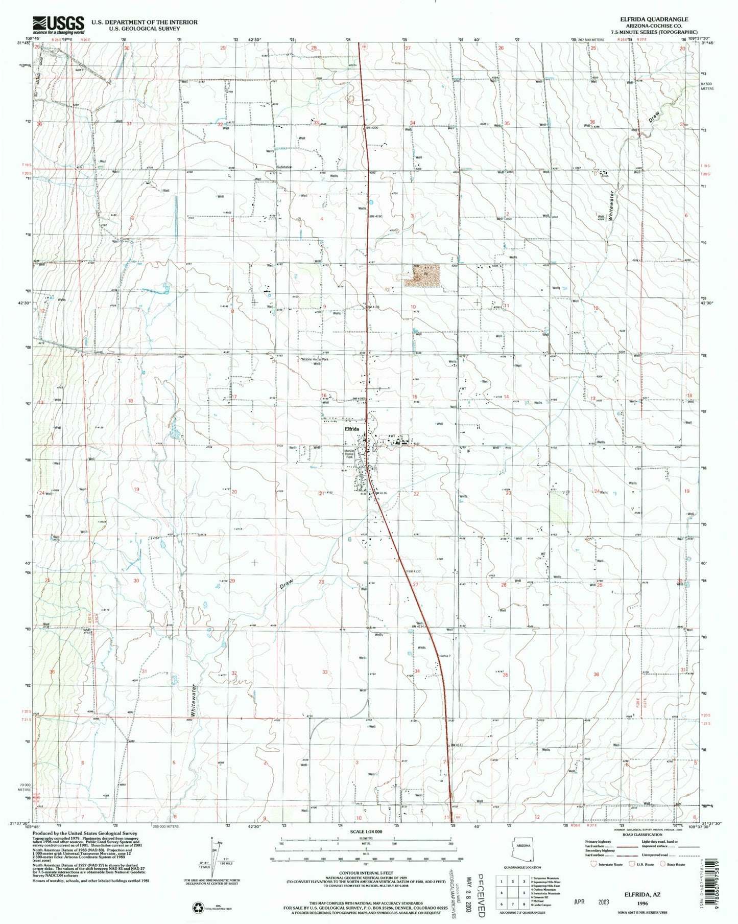 Classic USGS Elfrida Arizona 7.5'x7.5' Topo Map Image