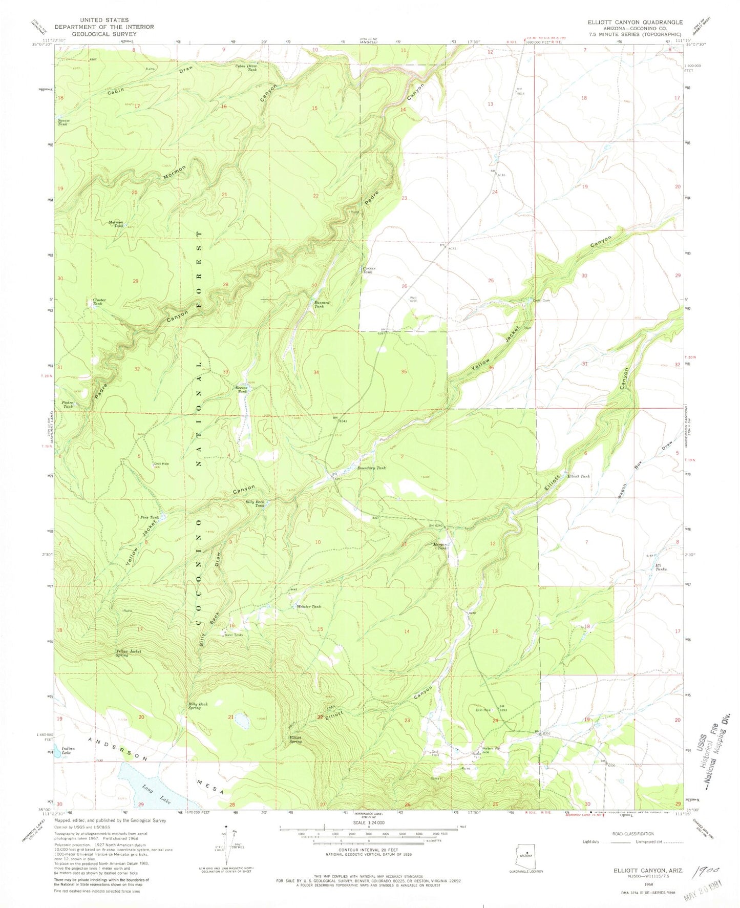 Classic USGS Elliott Canyon Arizona 7.5'x7.5' Topo Map Image