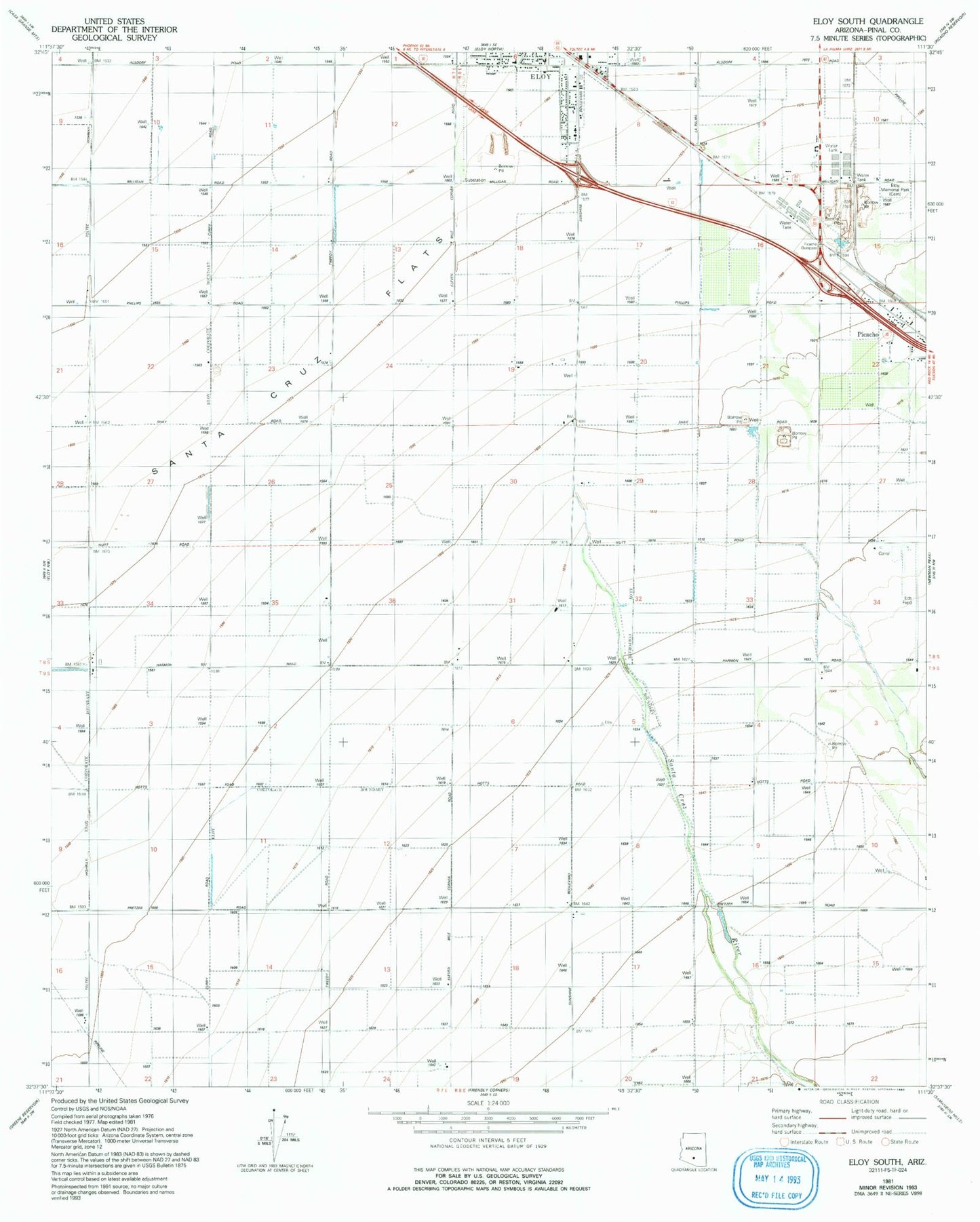 Classic USGS Eloy South Arizona 7.5'x7.5' Topo Map Image