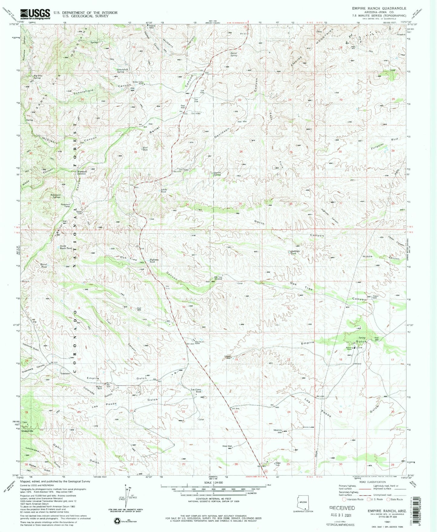 Classic USGS Empire Ranch Arizona 7.5'x7.5' Topo Map Image