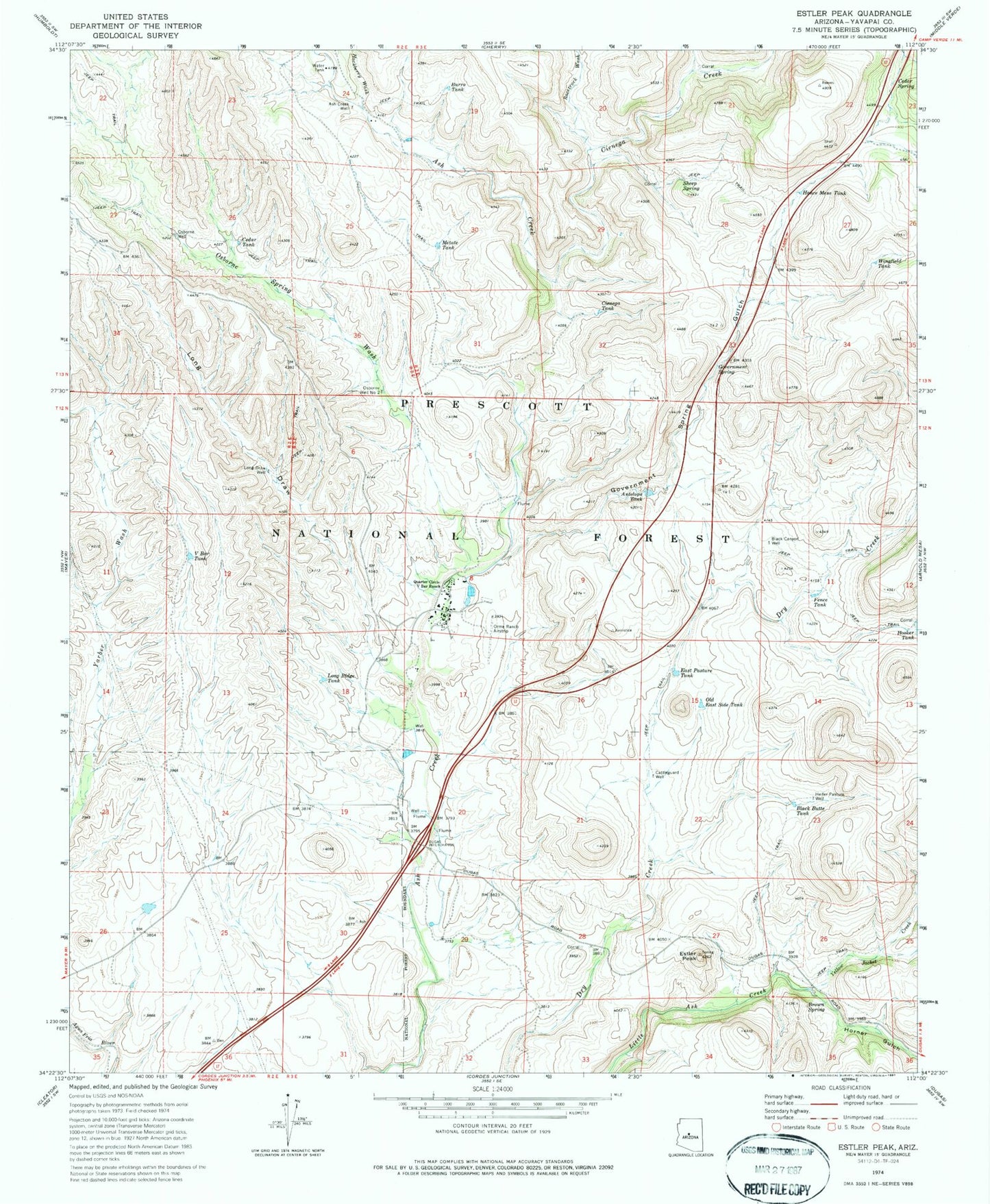 Classic USGS Estler Peak Arizona 7.5'x7.5' Topo Map Image