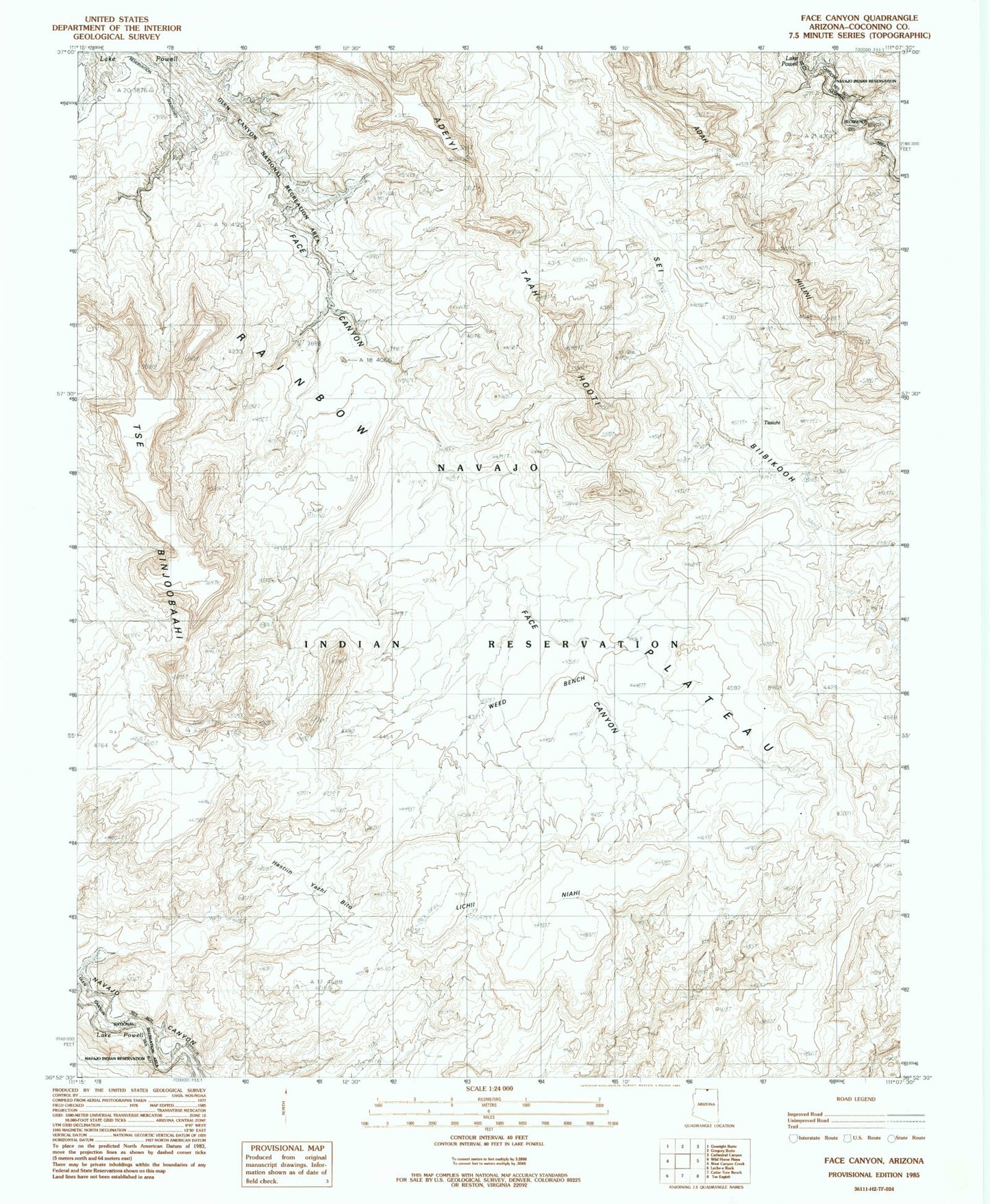 Classic USGS Face Canyon Arizona 7.5'x7.5' Topo Map Image