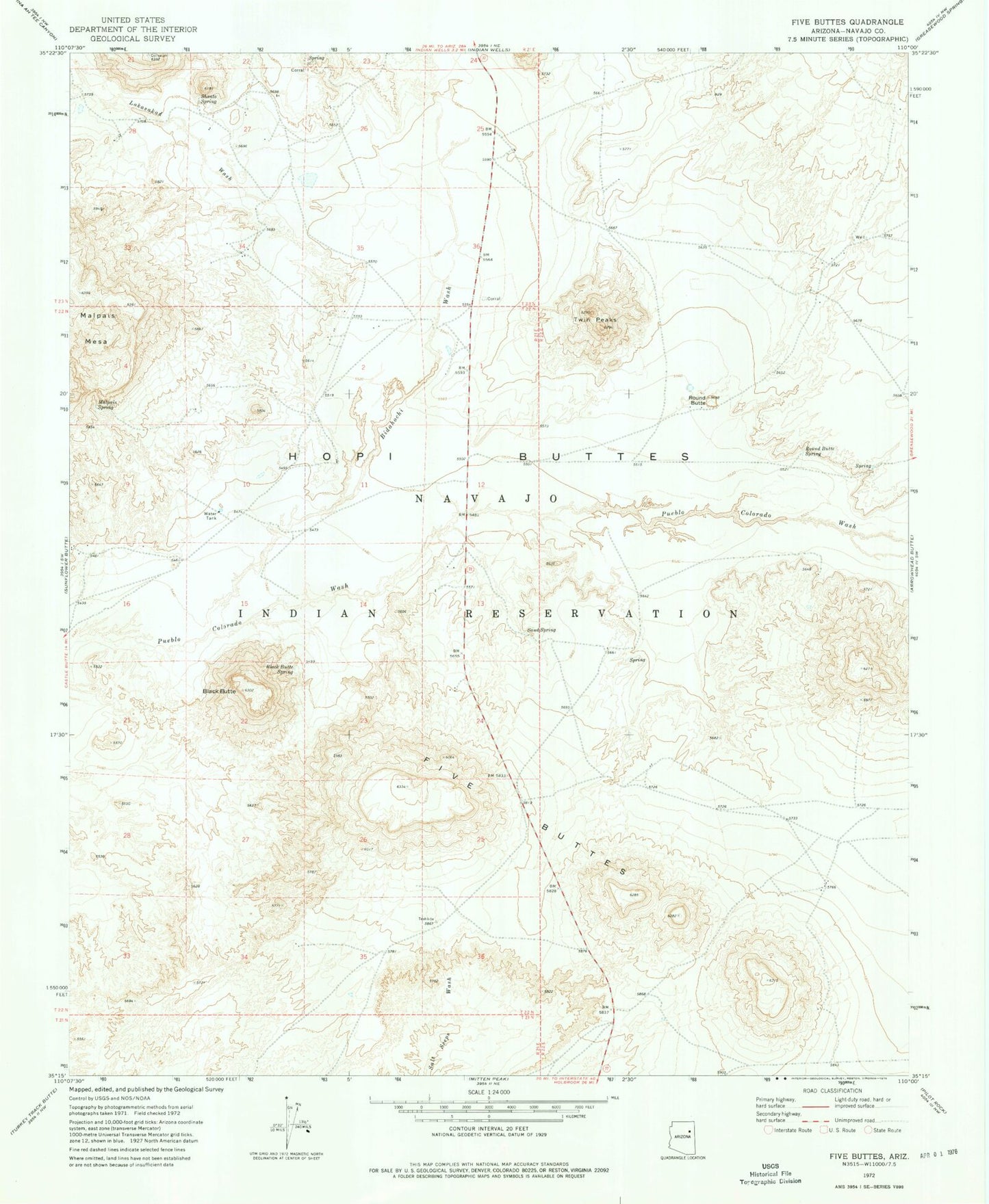 Classic USGS Five Buttes Arizona 7.5'x7.5' Topo Map Image