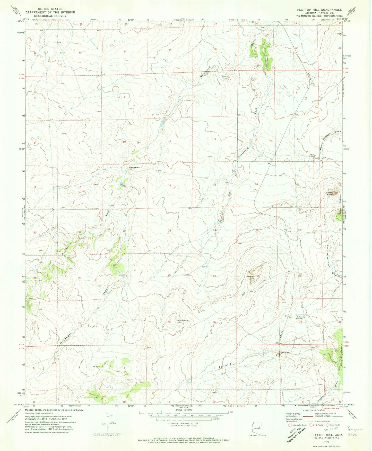 Classic USGS Flattop Hill Arizona 7.5'x7.5' Topo Map Image