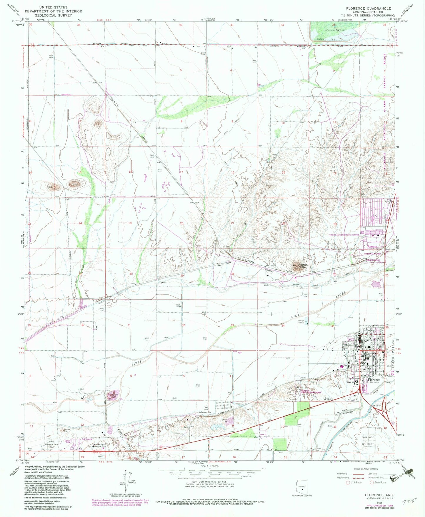 Classic USGS Florence Arizona 7.5'x7.5' Topo Map Image