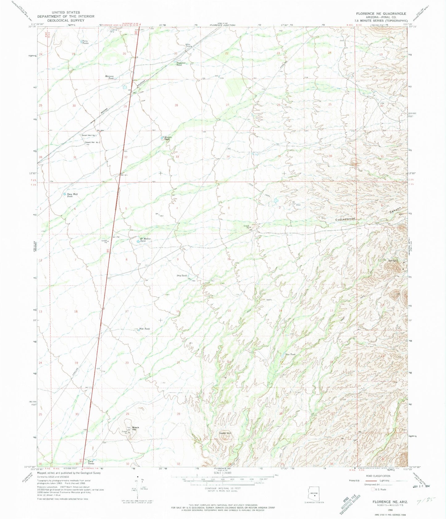 Classic USGS Florence NE Arizona 7.5'x7.5' Topo Map Image