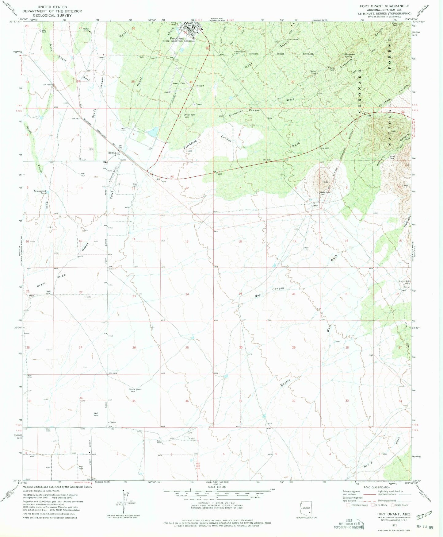 Classic USGS Fort Grant Arizona 7.5'x7.5' Topo Map Image