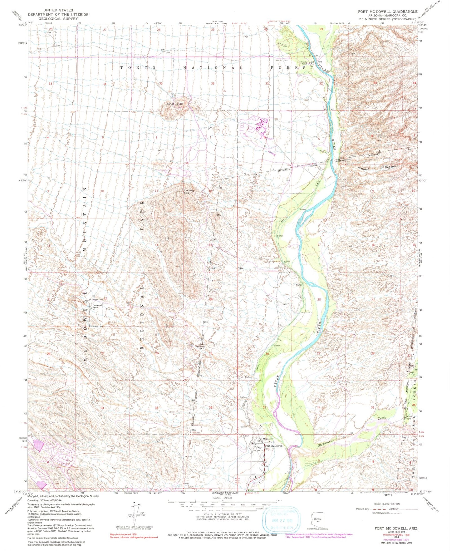 Classic USGS Fort McDowell Arizona 7.5'x7.5' Topo Map Image