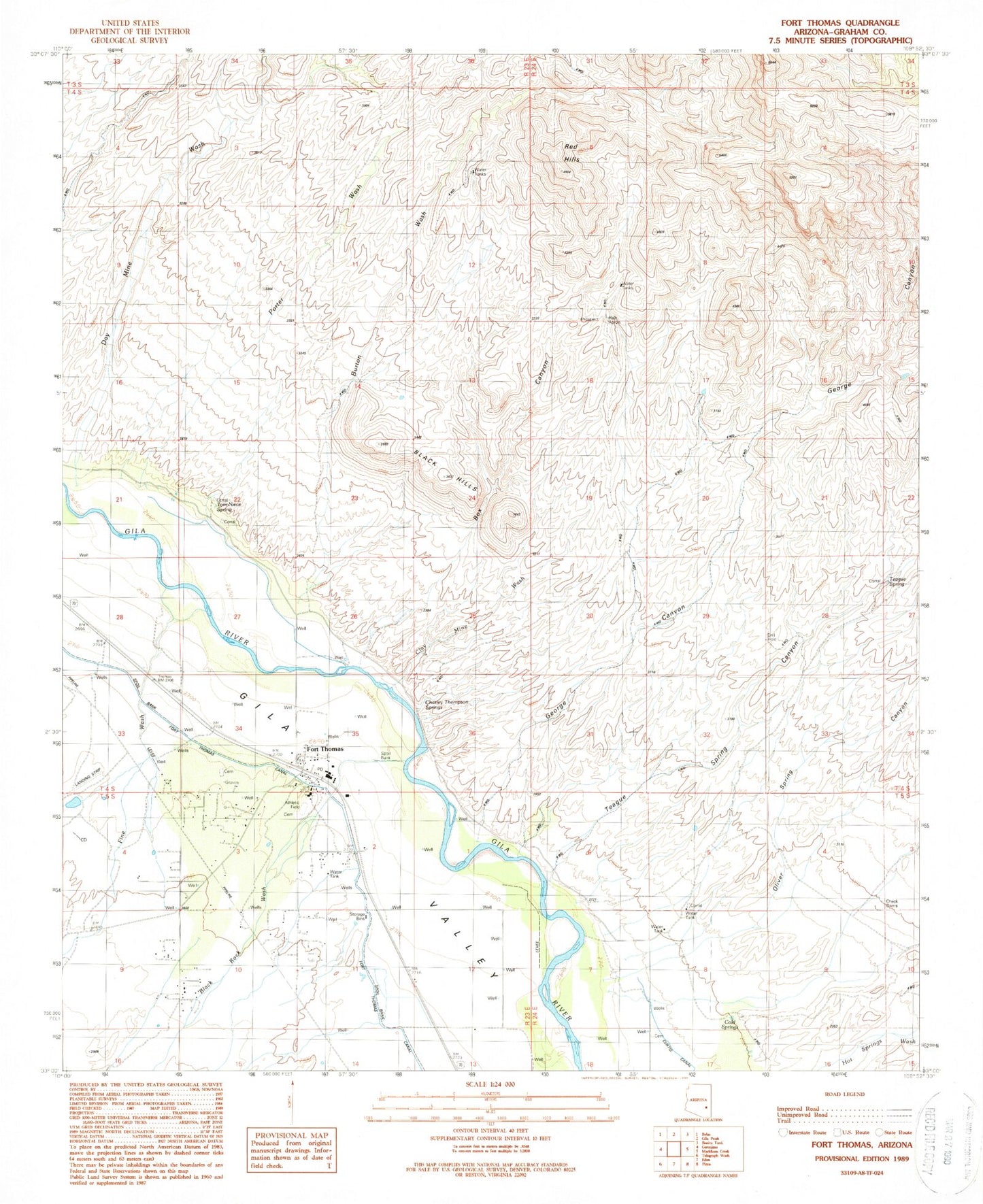 Classic USGS Fort Thomas Arizona 7.5'x7.5' Topo Map Image