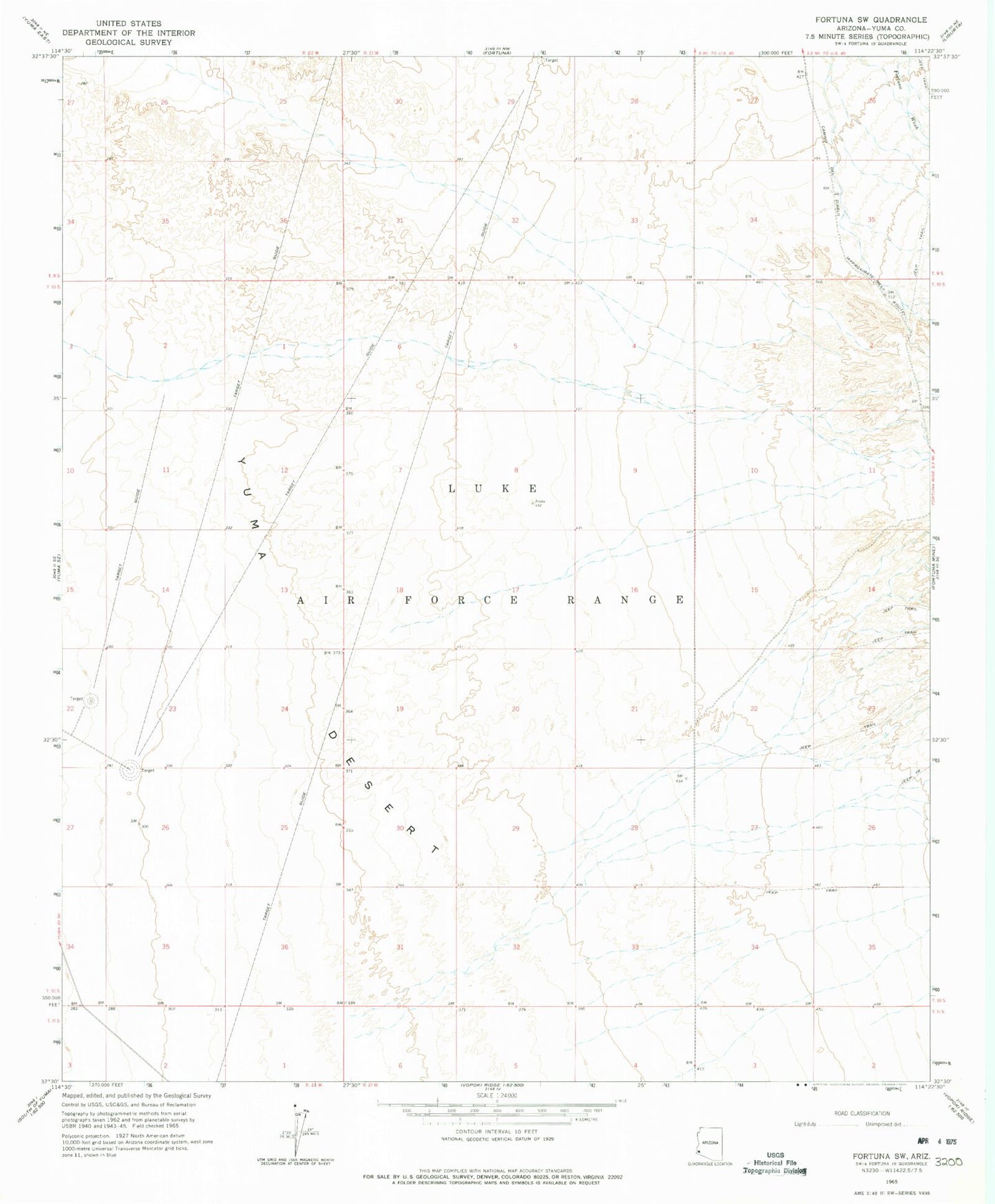 Classic USGS Fortuna SW Arizona 7.5'x7.5' Topo Map Image