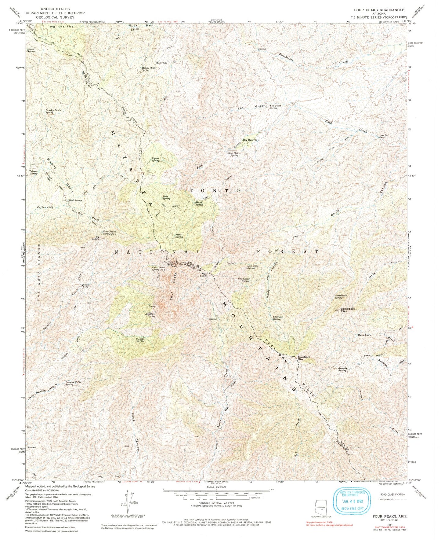 Classic USGS Four Peaks Arizona 7.5'x7.5' Topo Map Image