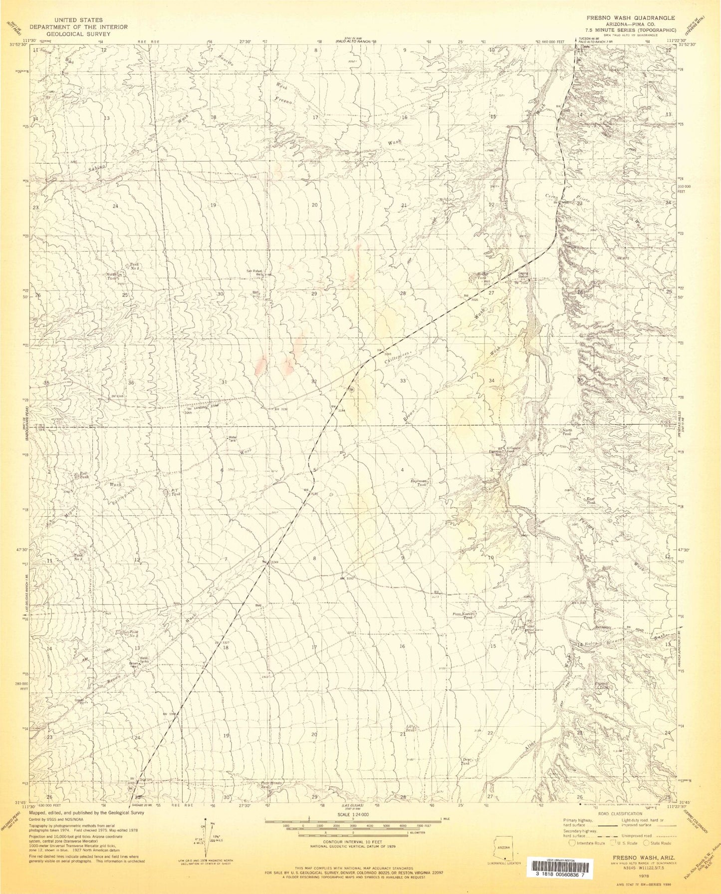 Classic USGS Fresno Wash Arizona 7.5'x7.5' Topo Map Image