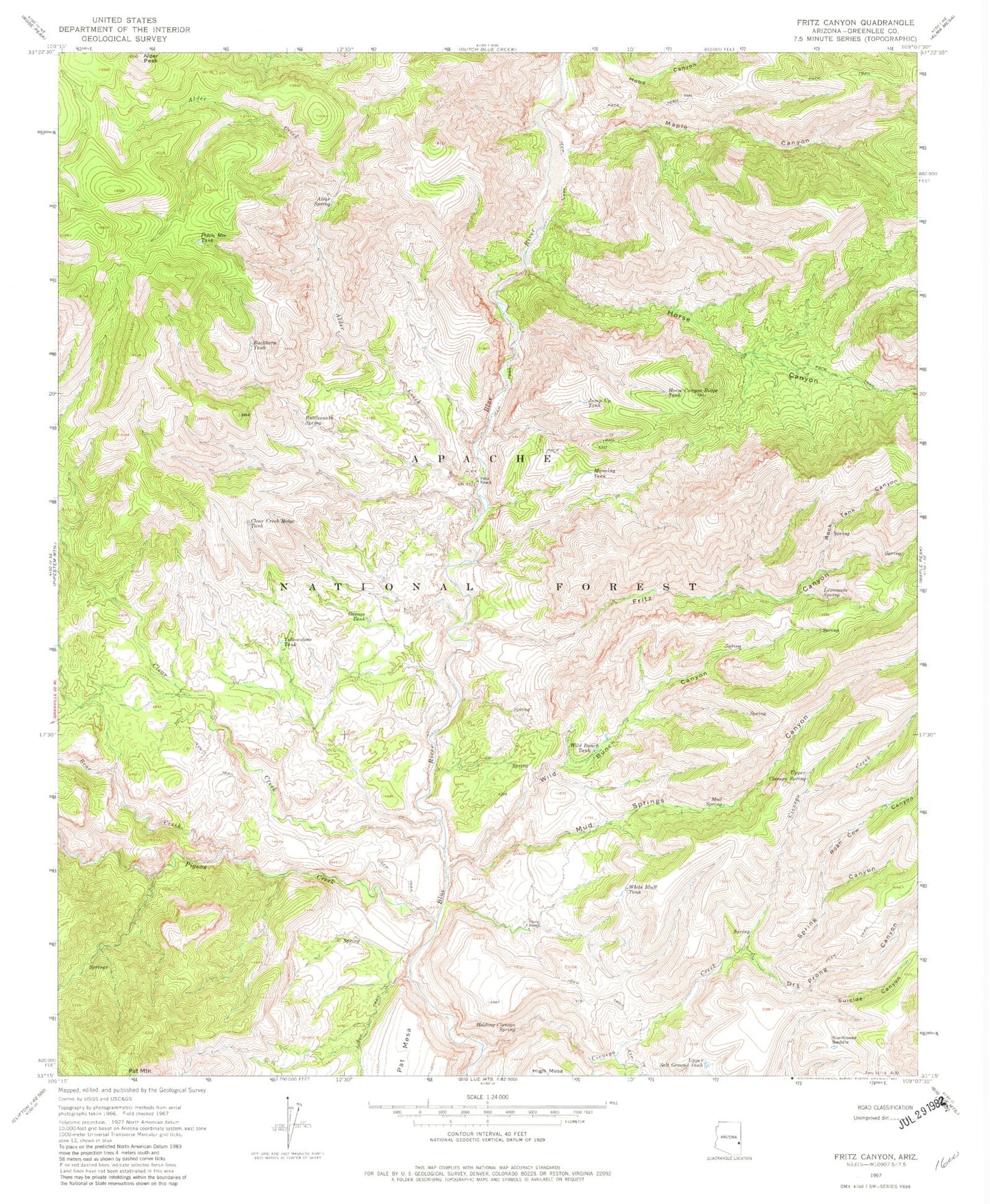 Classic USGS Fritz Canyon Arizona 7.5'x7.5' Topo Map Image
