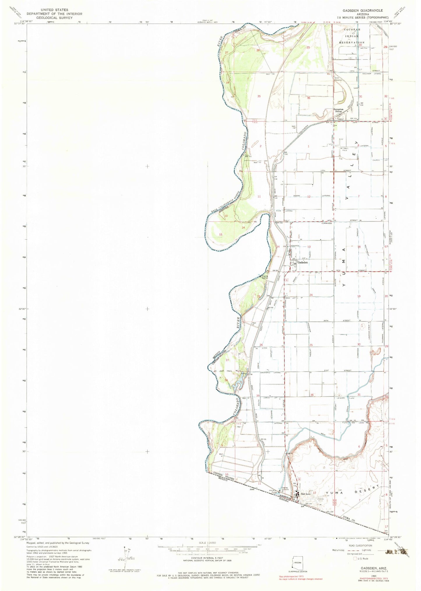 Classic USGS Gadsden Arizona 7.5'x7.5' Topo Map Image