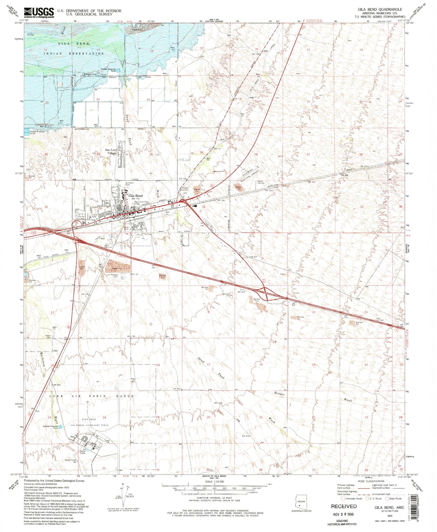 Classic USGS Gila Bend Arizona 7.5'x7.5' Topo Map Image