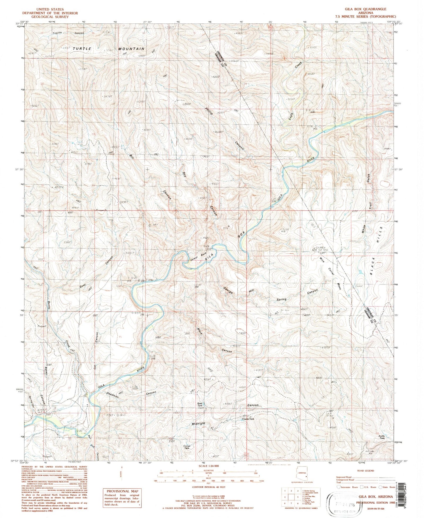 Classic USGS Gila Box Arizona 7.5'x7.5' Topo Map Image