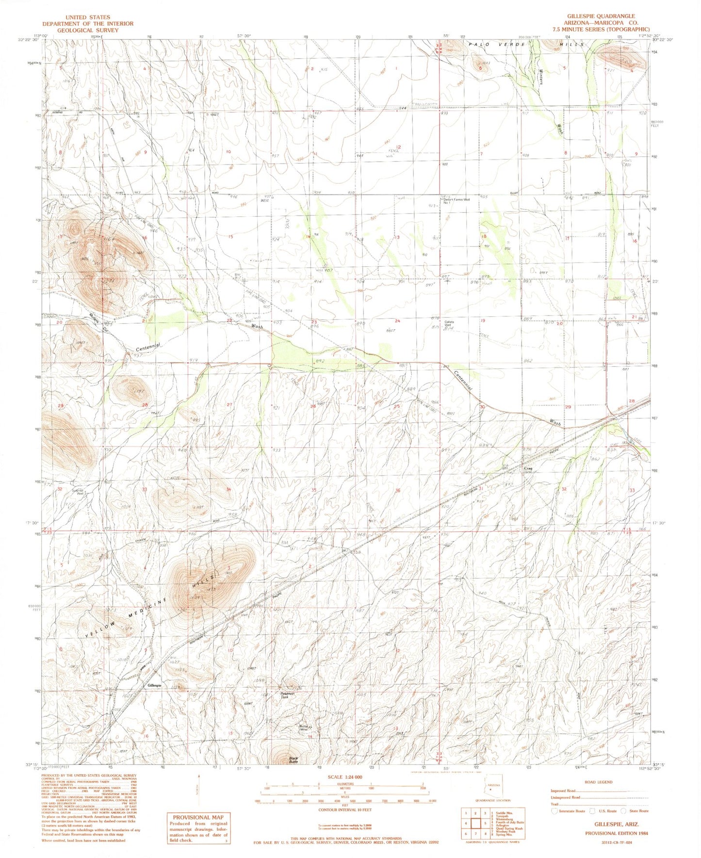 Classic USGS Gillespie Arizona 7.5'x7.5' Topo Map Image