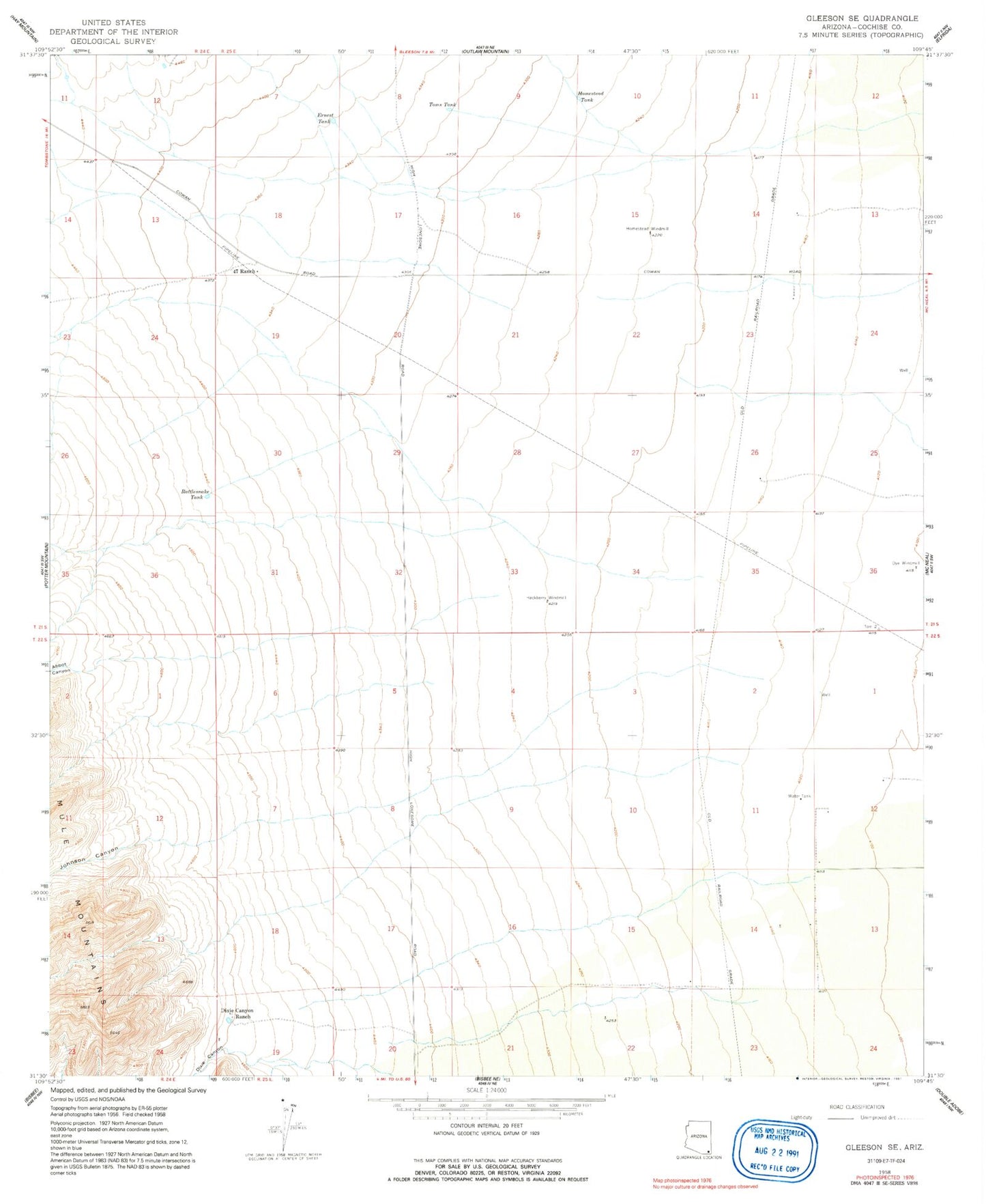 Classic USGS Gleeson SE Arizona 7.5'x7.5' Topo Map Image