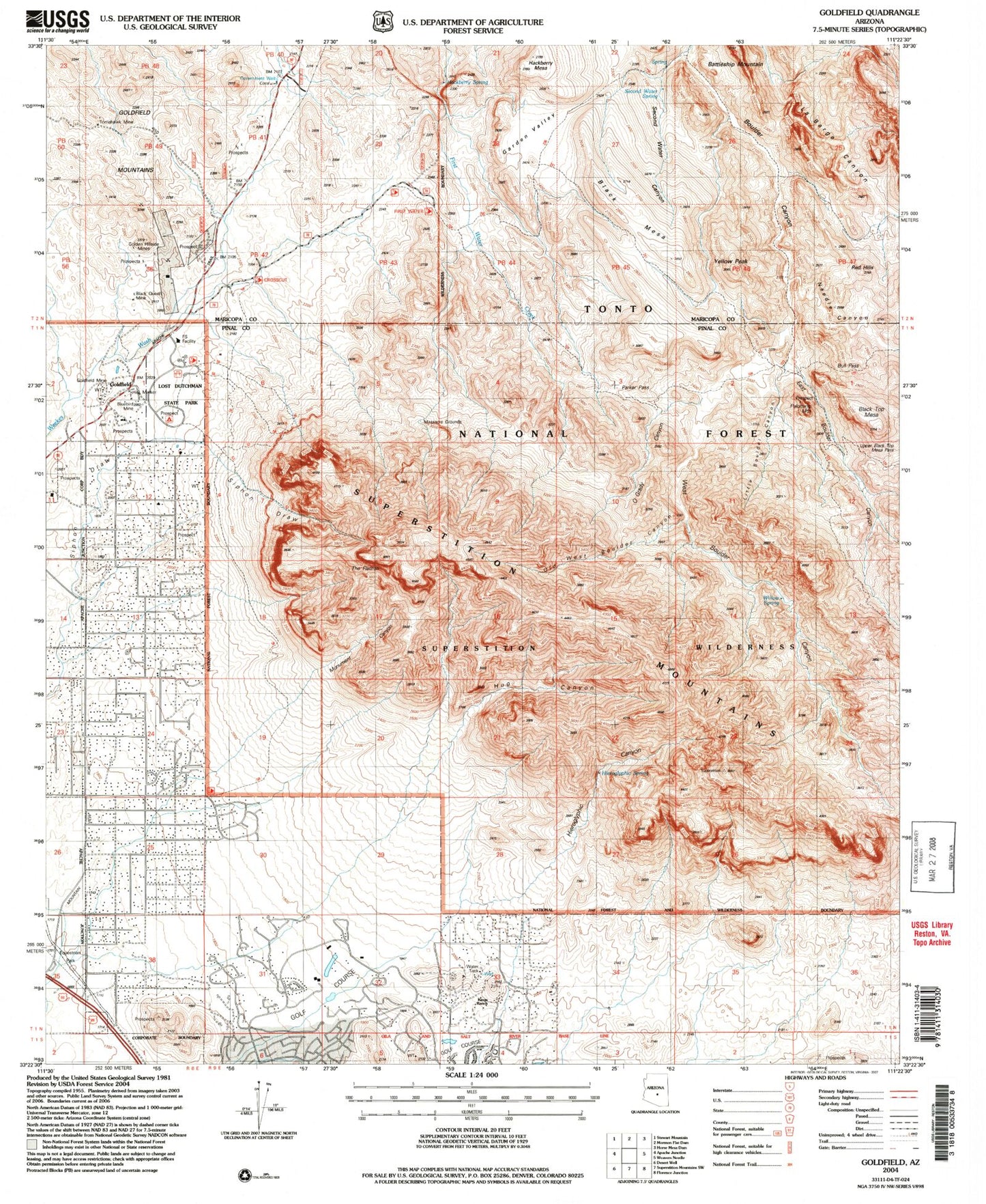 USGS Classic Goldfield Arizona 7.5'x7.5' Topo Map Image