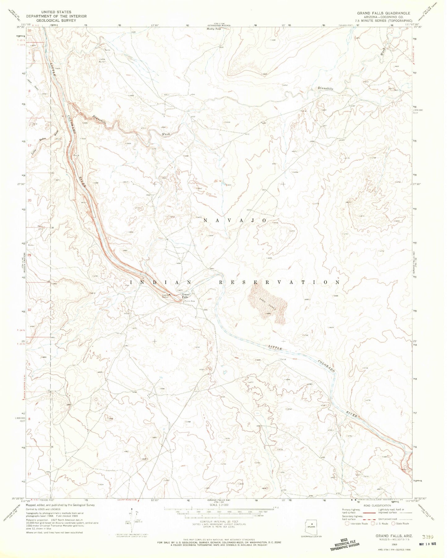 Classic USGS Grand Falls Arizona 7.5'x7.5' Topo Map Image