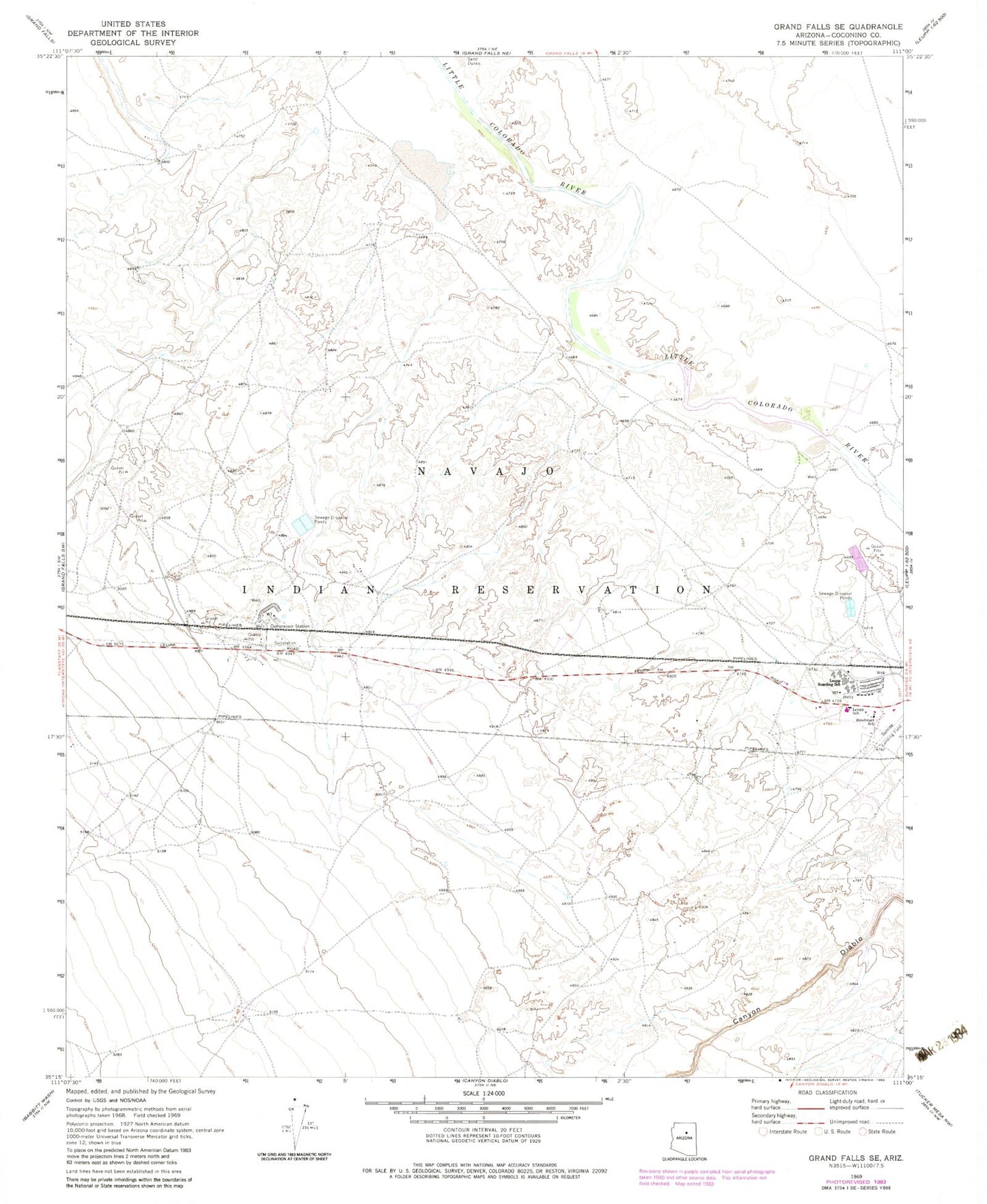 Classic USGS Grand Falls SE Arizona 7.5'x7.5' Topo Map Image