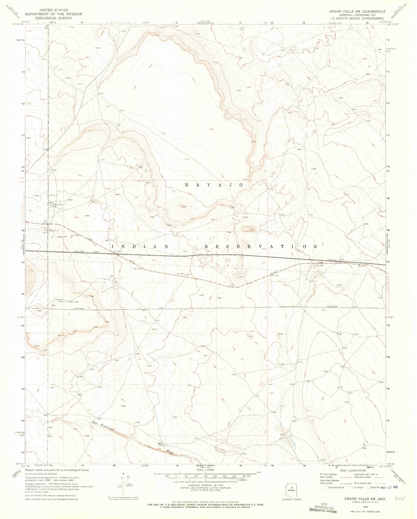 Classic USGS Grand Falls SW Arizona 7.5'x7.5' Topo Map Image