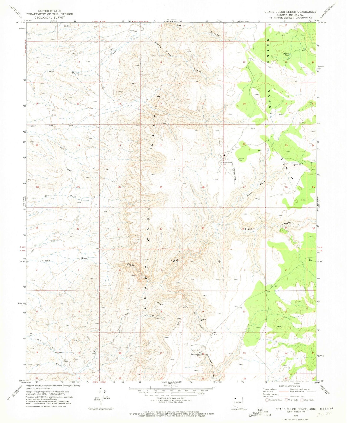 Classic USGS Grand Gulch Bench Arizona 7.5'x7.5' Topo Map Image