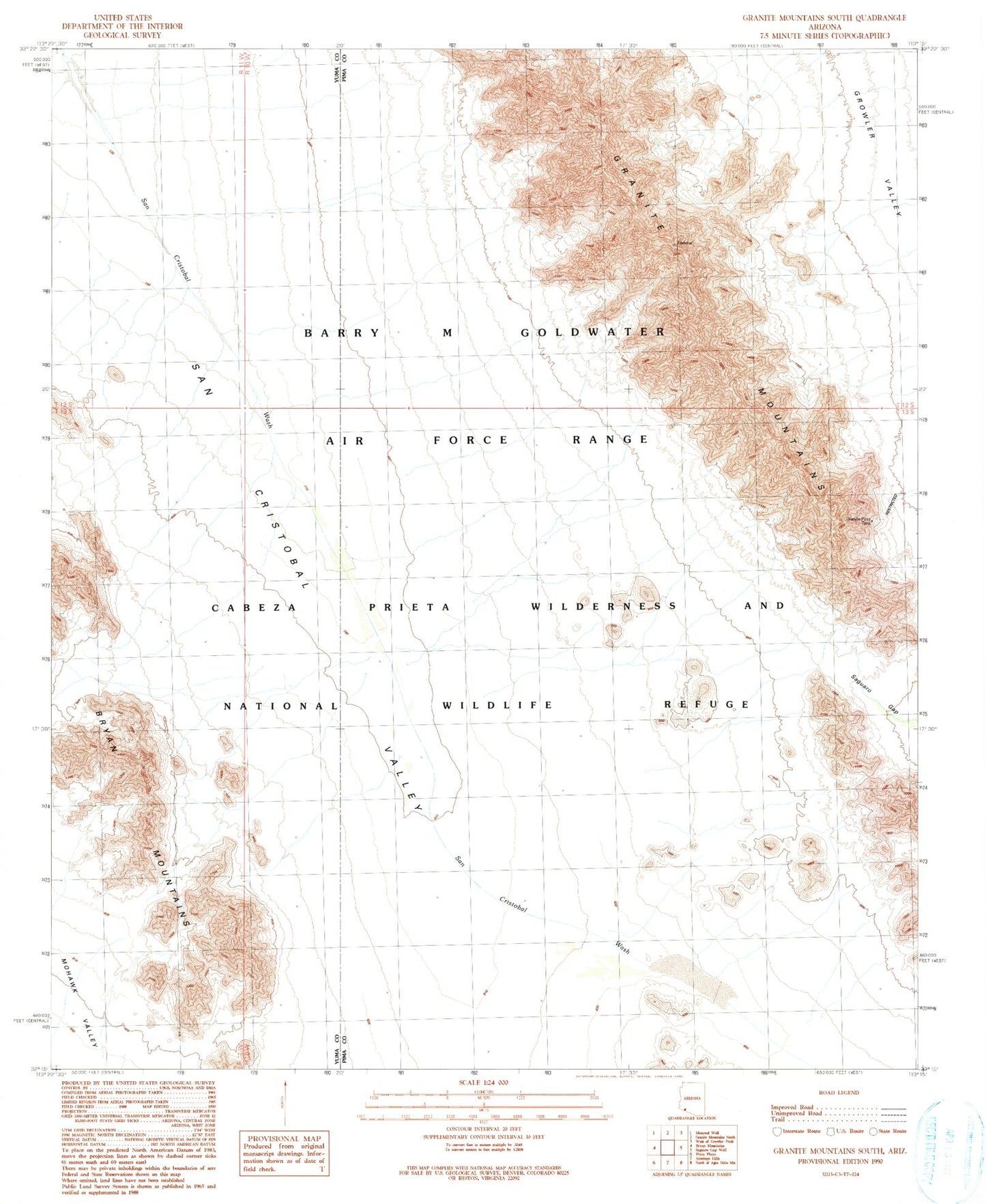 Classic USGS Granite Mountains South Arizona 7.5'x7.5' Topo Map Image