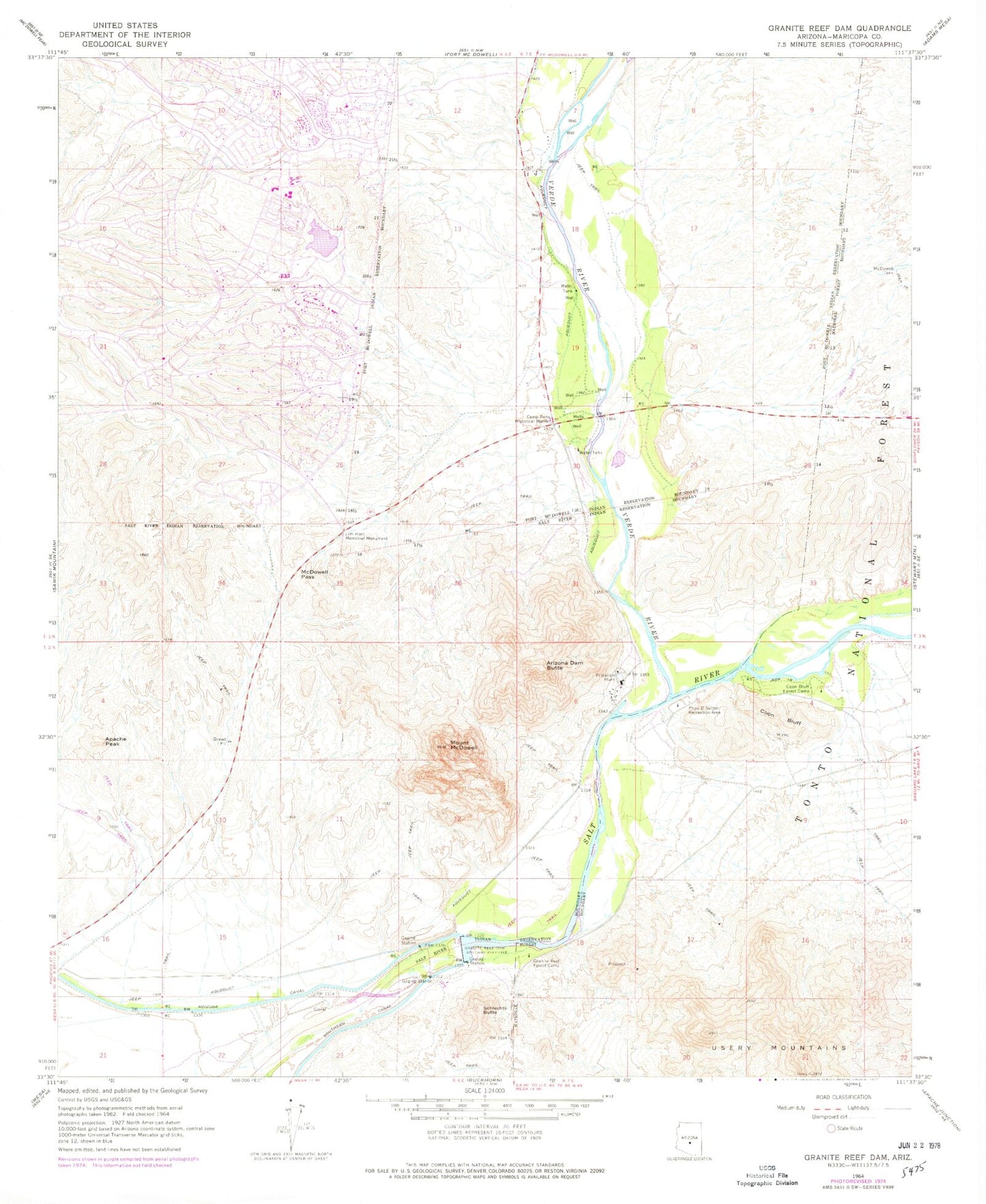 Classic USGS Granite Reef Dam Arizona 7.5'x7.5' Topo Map Image