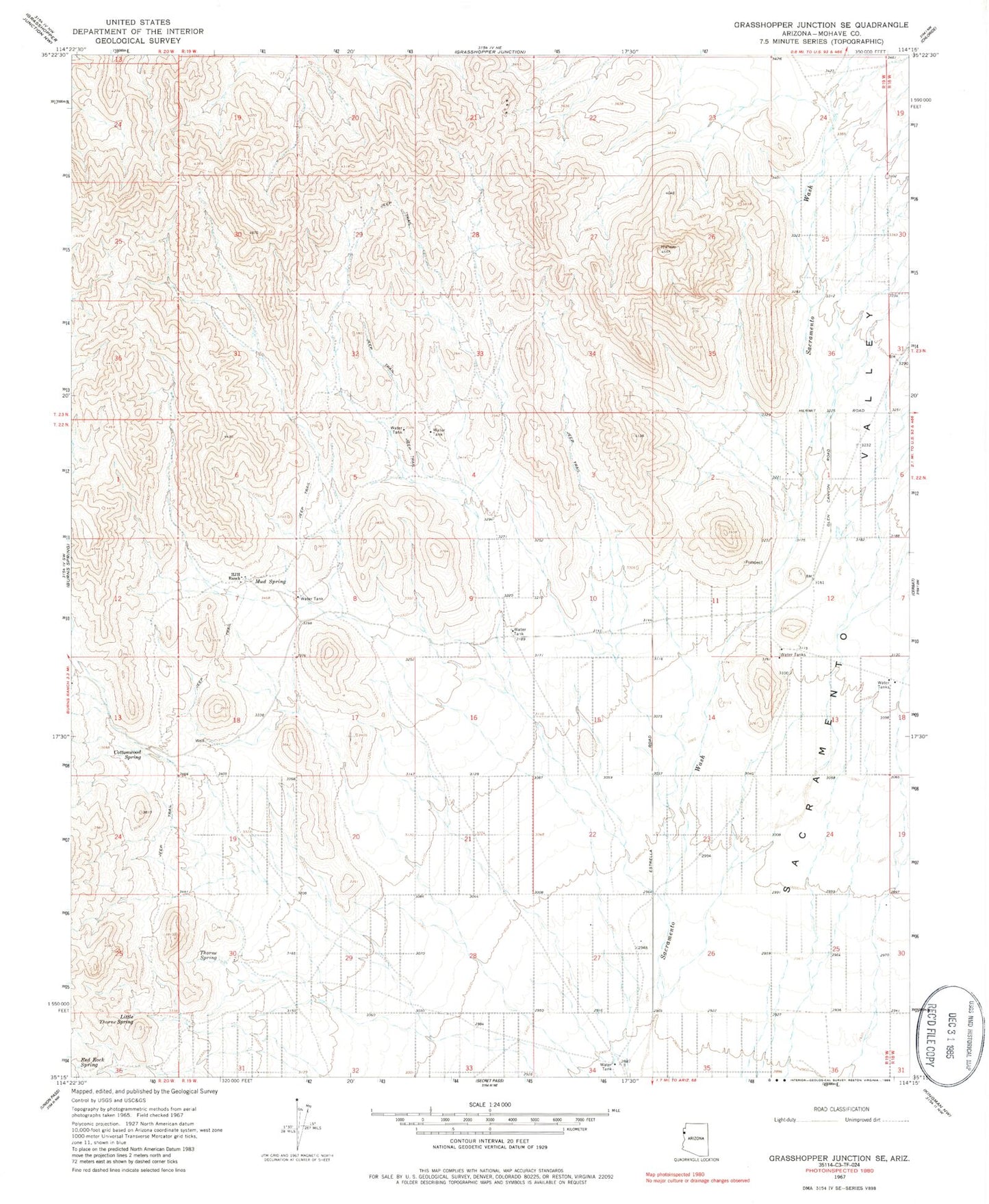 Classic USGS Grasshopper Junction SE Arizona 7.5'x7.5' Topo Map Image