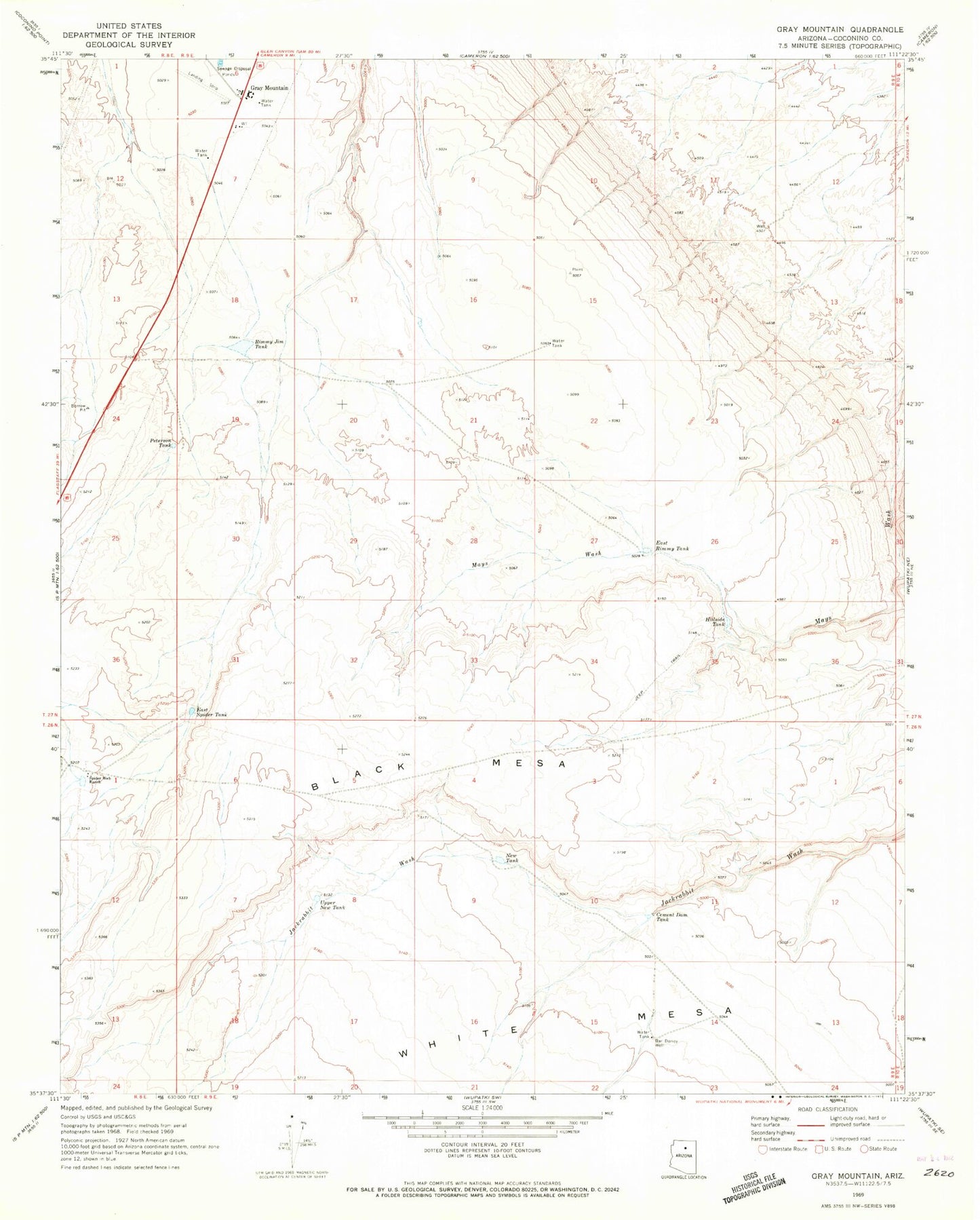Classic USGS Gray Mountain Arizona 7.5'x7.5' Topo Map Image
