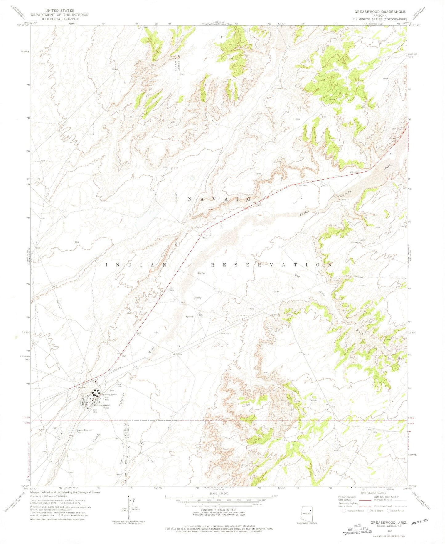 Classic USGS Greasewood Arizona 7.5'x7.5' Topo Map Image