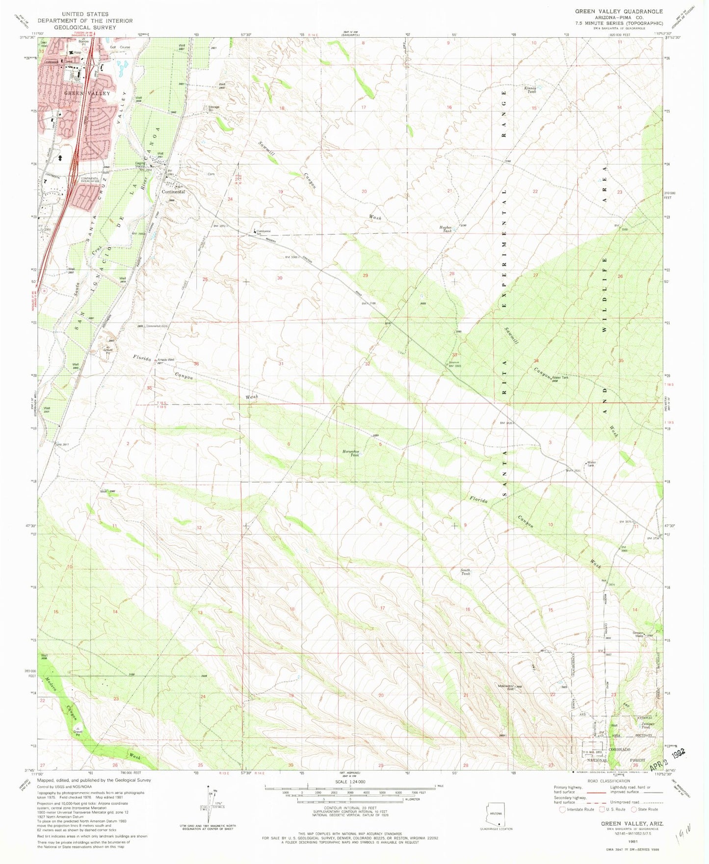 Classic USGS Green Valley Arizona 7.5'x7.5' Topo Map Image