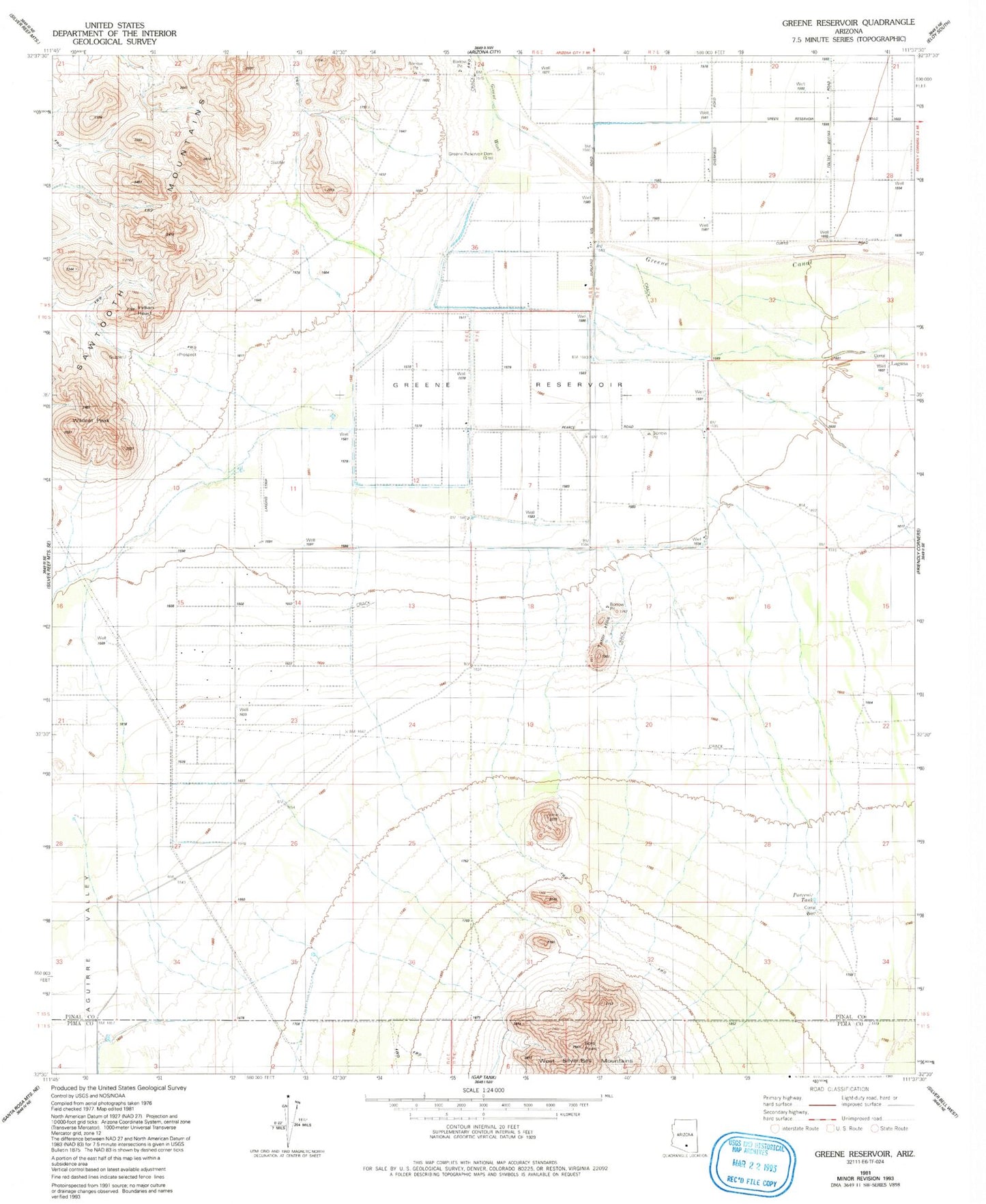 Classic USGS Greene Reservoir Arizona 7.5'x7.5' Topo Map Image